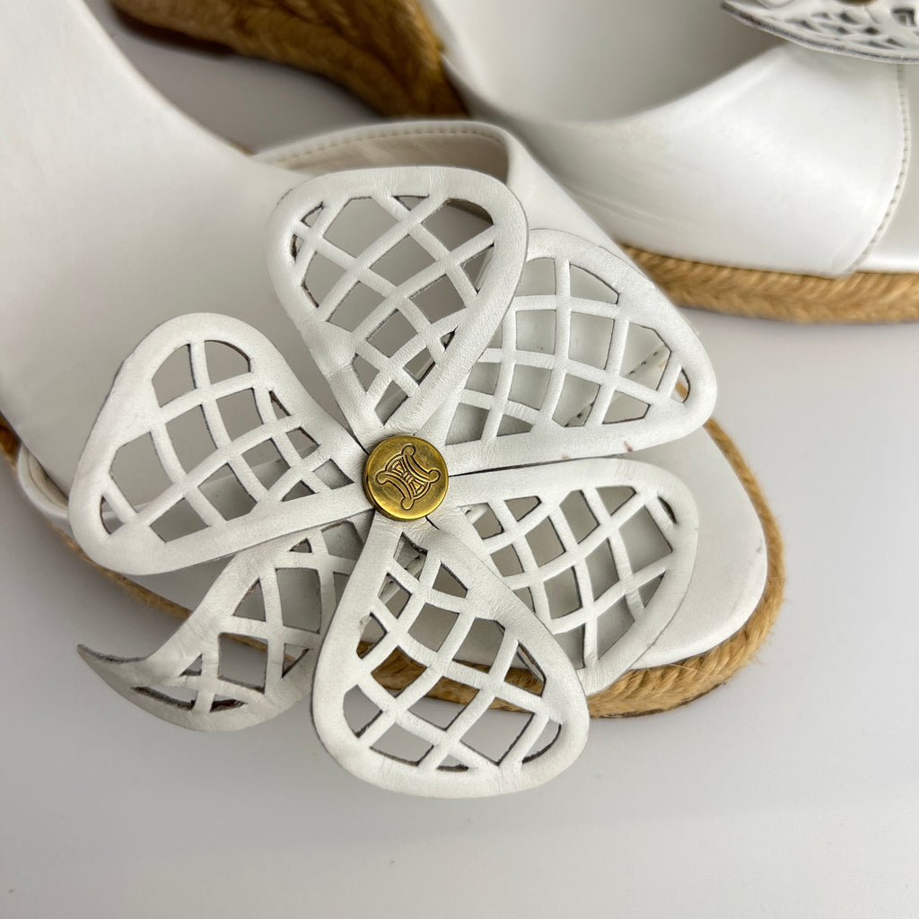 Celine | White Leather Flower Lace Up Jute Wedge Heels (37)