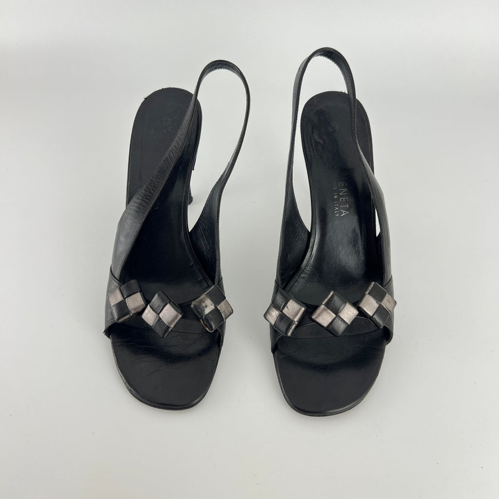 Bottega Veneta | Vintage Intrecciato Black White Leather Slingback Sandal Heels (36.5)