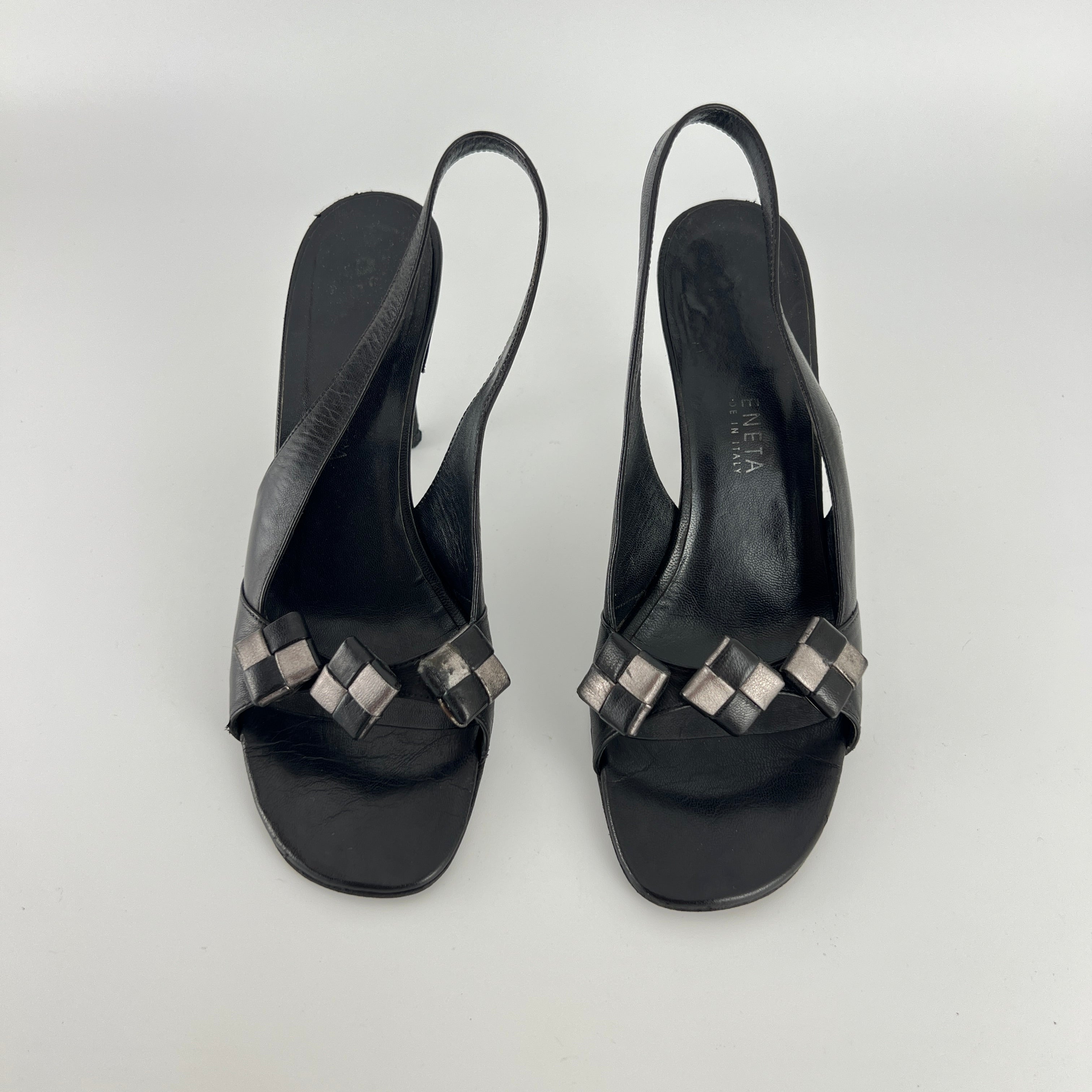 Bottega Veneta | Vintage Intrecciato Black White Leather Slingback Sandal Heels (36.5)