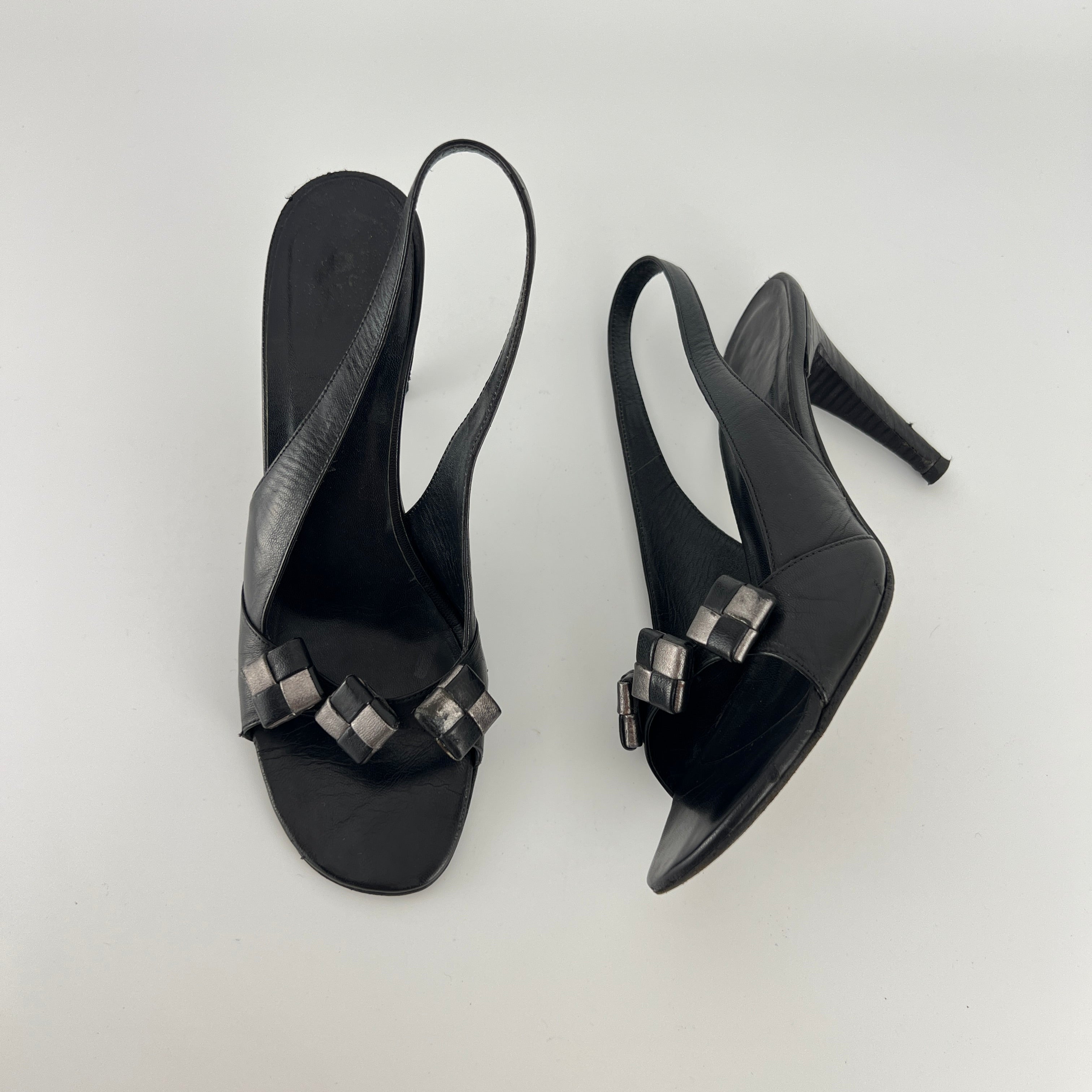 Bottega Veneta | Vintage Intrecciato Black White Leather Slingback Sandal Heels (36.5)