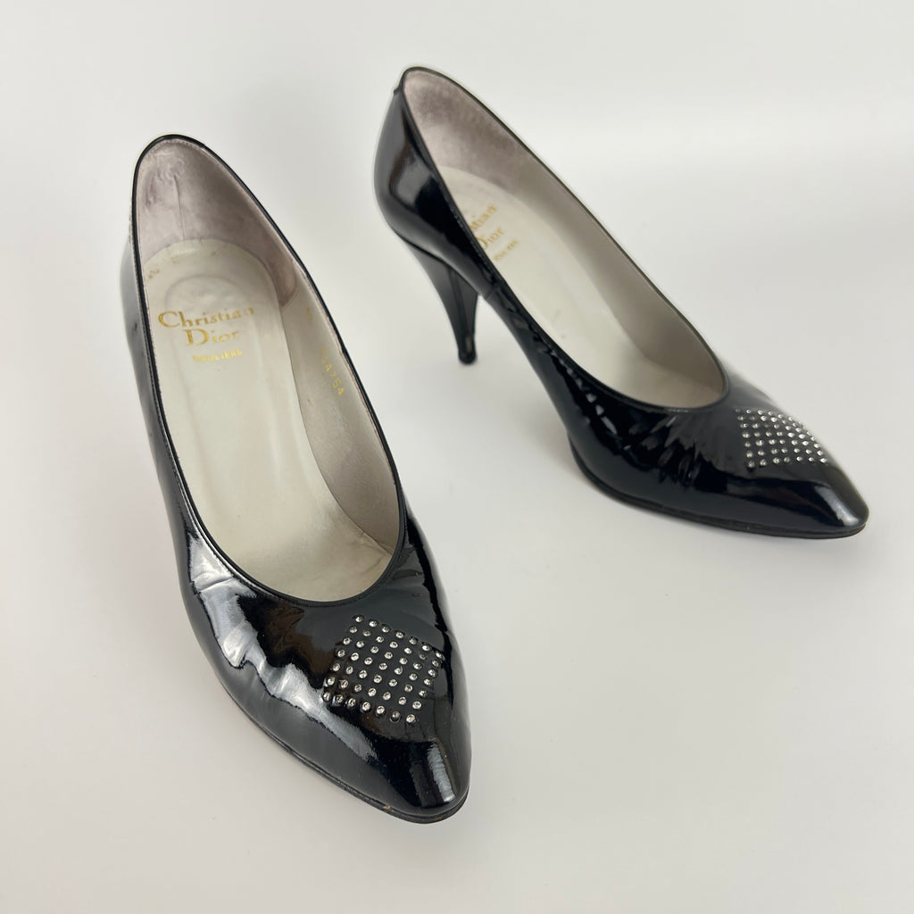 Dior | Vintage Black Patent Leather Rhinestone Pointed Toe Pumps (6.5)