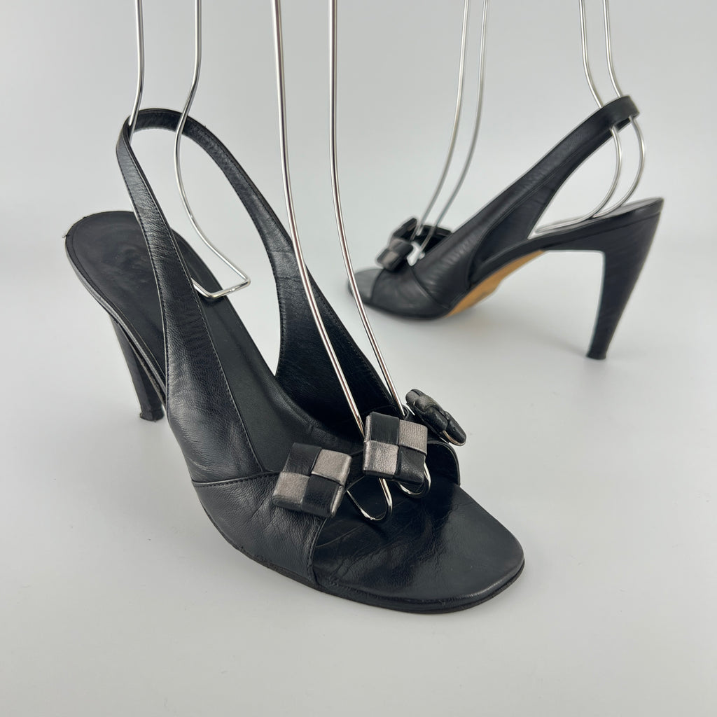 Bottega Veneta | Vintage Intrecciato Black White Leather Slingback Sandal Heels (36.5)