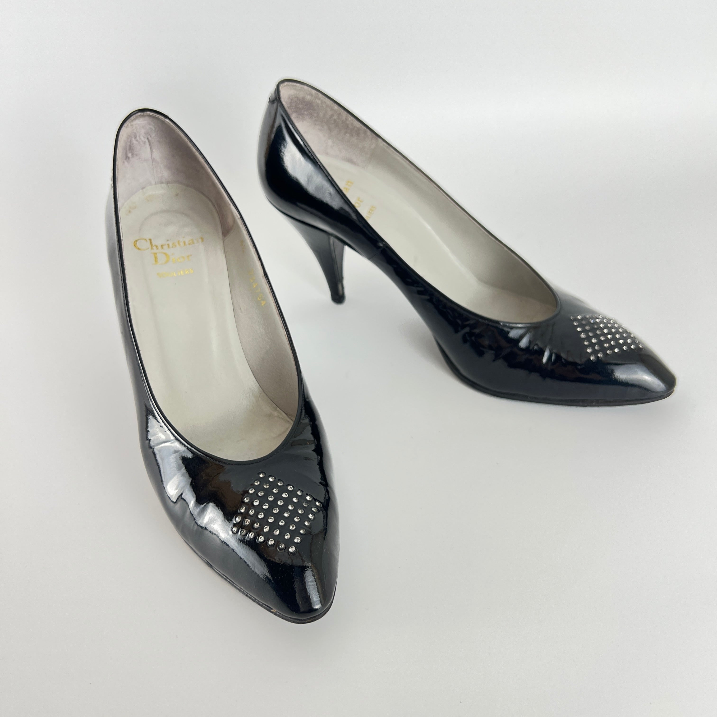 Dior | Vintage Black Patent Leather Rhinestone Pointed Toe Pumps (6.5)