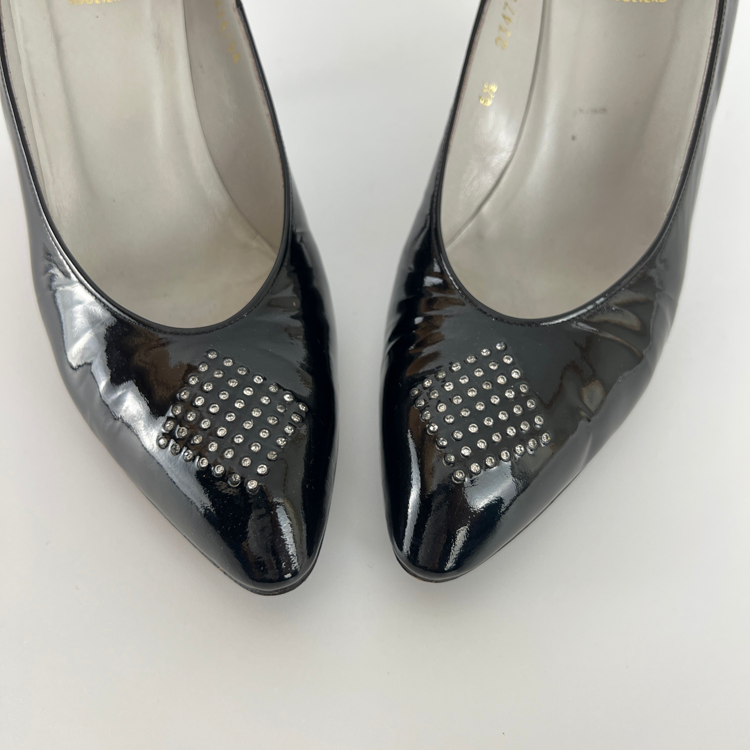 Dior | Vintage Black Patent Leather Rhinestone Pointed Toe Pumps (6.5)