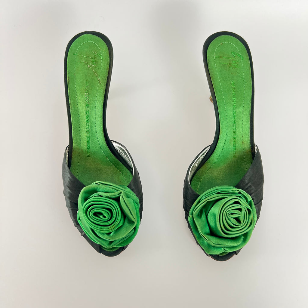 Giuseppe Zanotti | Green Rose Satin Mules Pointed Toe Stiletto Rare (37)