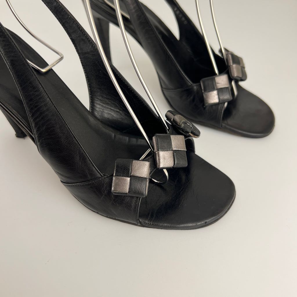 Bottega Veneta | Vintage Intrecciato Black White Leather Slingback Sandal Heels (36.5)