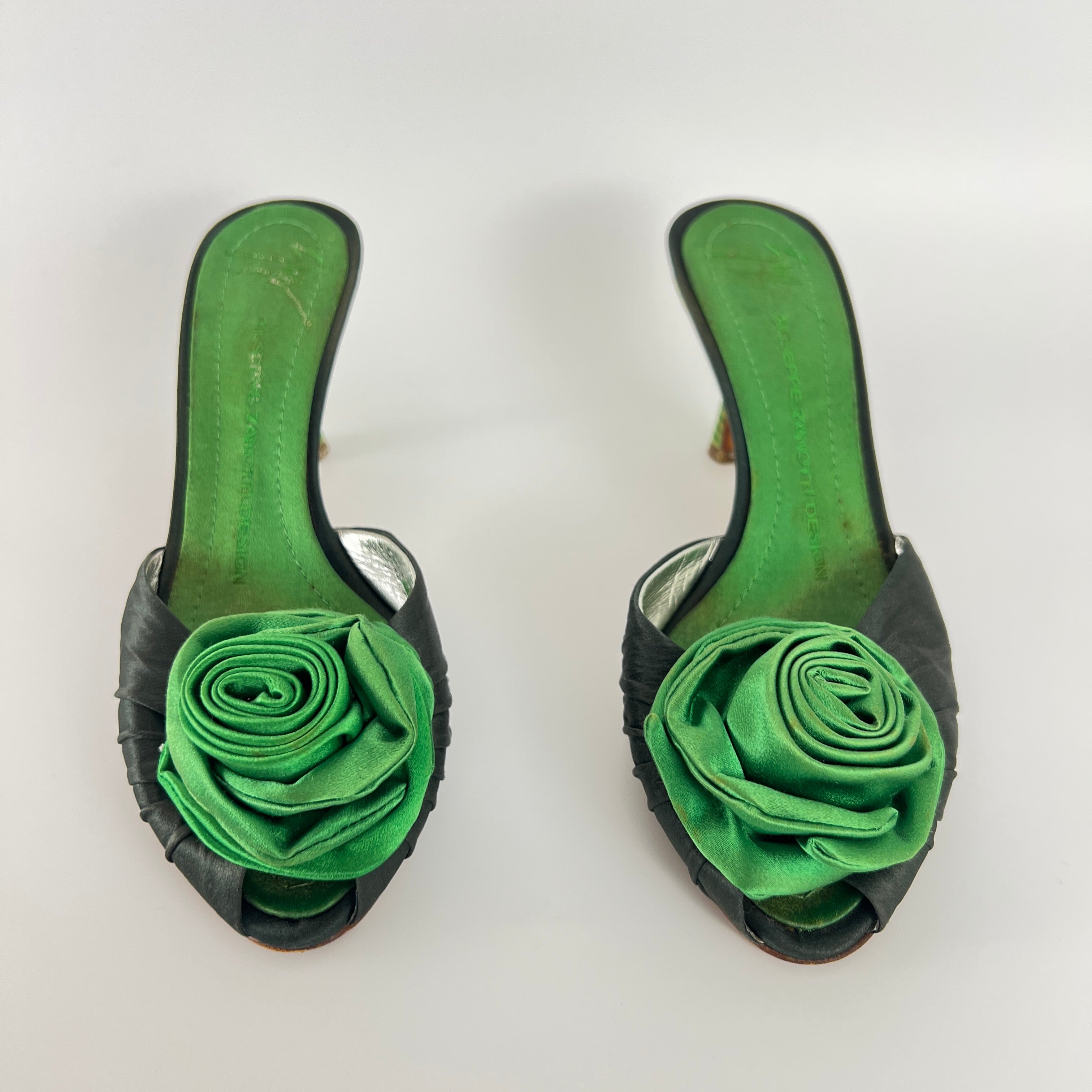 Giuseppe Zanotti | Green Rose Satin Mules Pointed Toe Stiletto Rare (37)