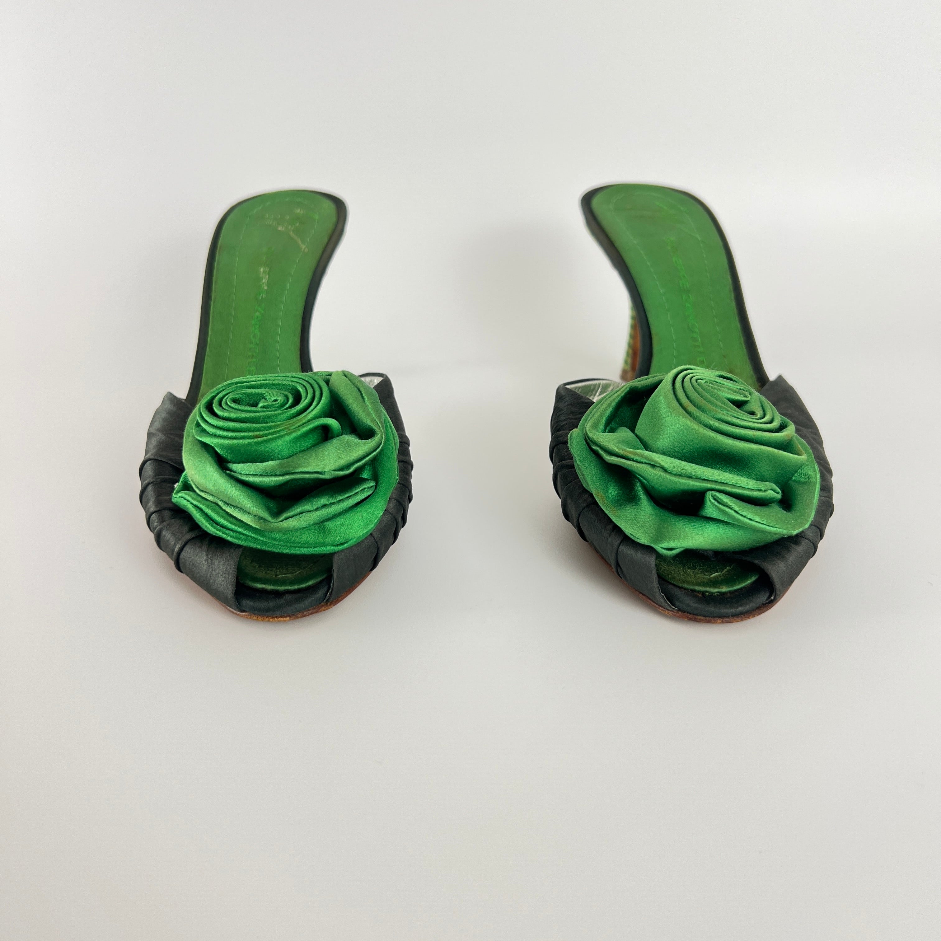 Giuseppe Zanotti | Green Rose Satin Mules Pointed Toe Stiletto Rare (37)