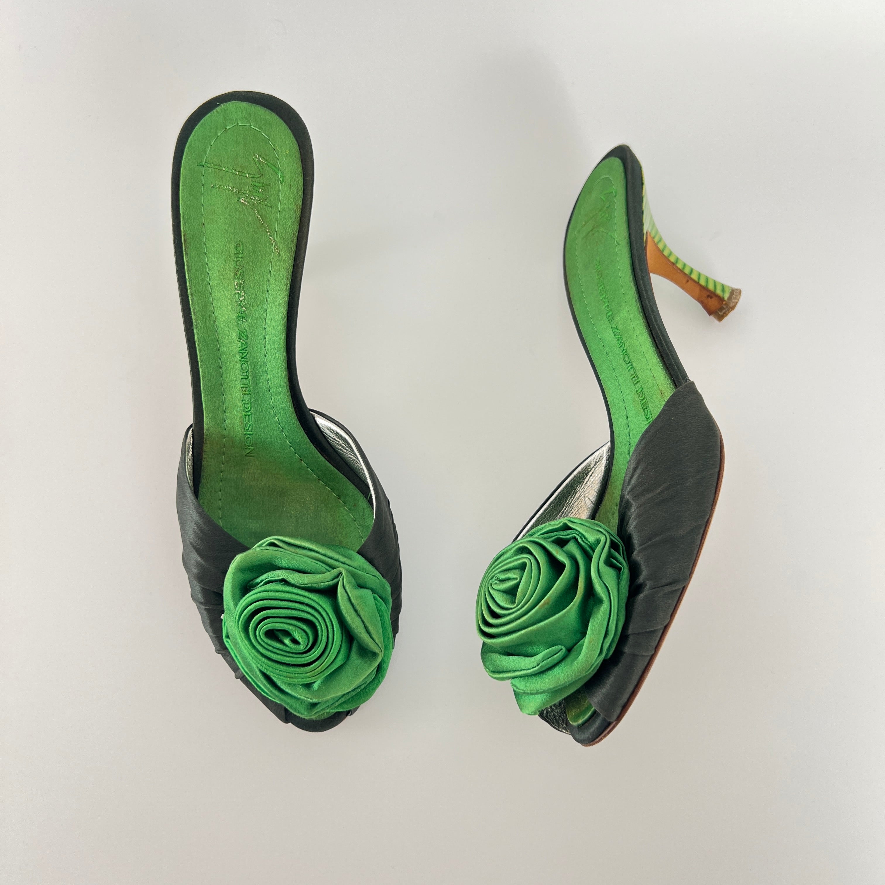 Giuseppe Zanotti | Green Rose Satin Mules Pointed Toe Stiletto Rare (37)