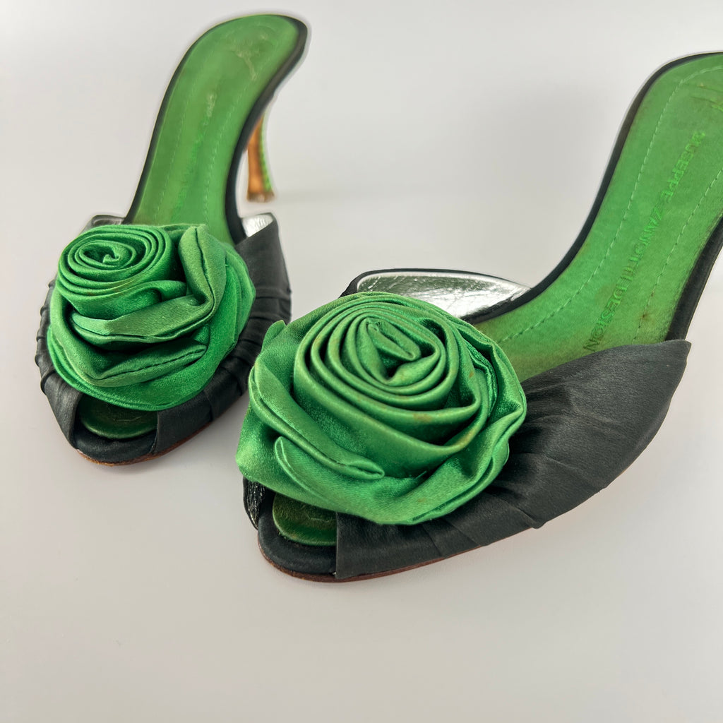 Giuseppe Zanotti | Green Rose Satin Mules Pointed Toe Stiletto Rare (37)