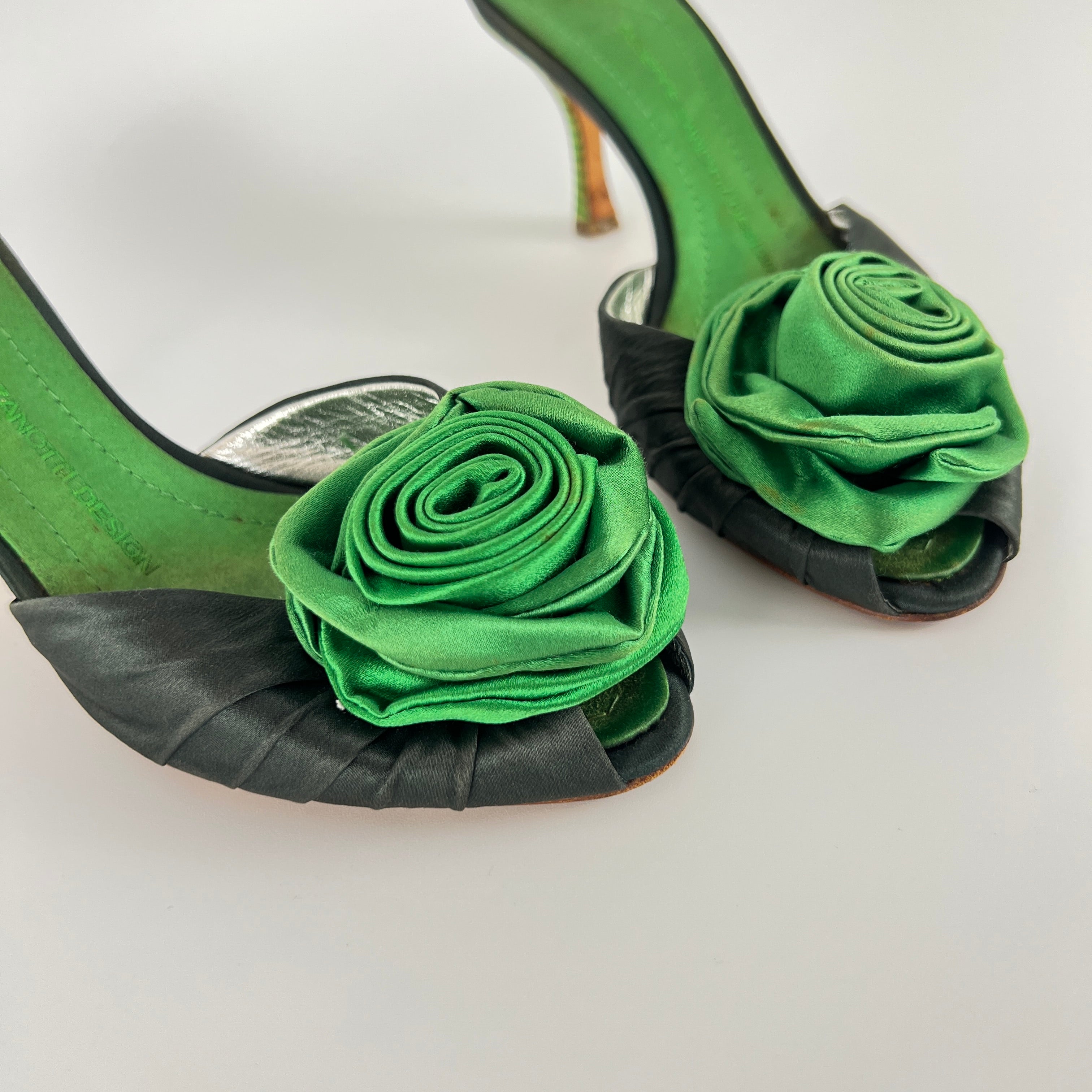 Giuseppe Zanotti | Green Rose Satin Mules Pointed Toe Stiletto Rare (37)