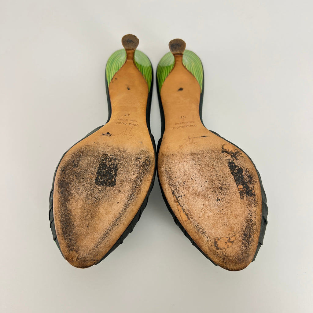 Giuseppe Zanotti | Green Rose Satin Mules Pointed Toe Stiletto Rare (37)