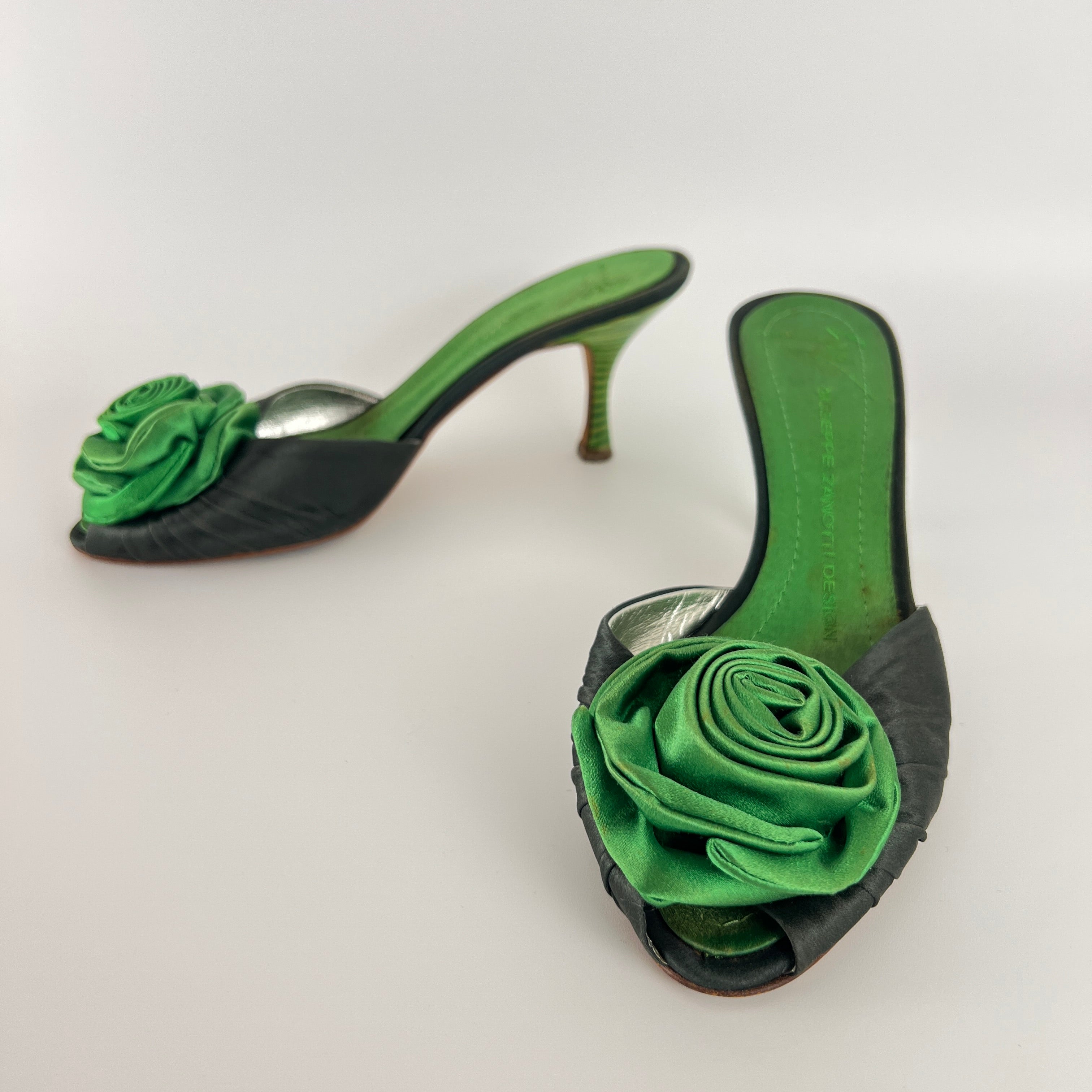 Giuseppe Zanotti | Green Rose Satin Mules Pointed Toe Stiletto Rare (37)