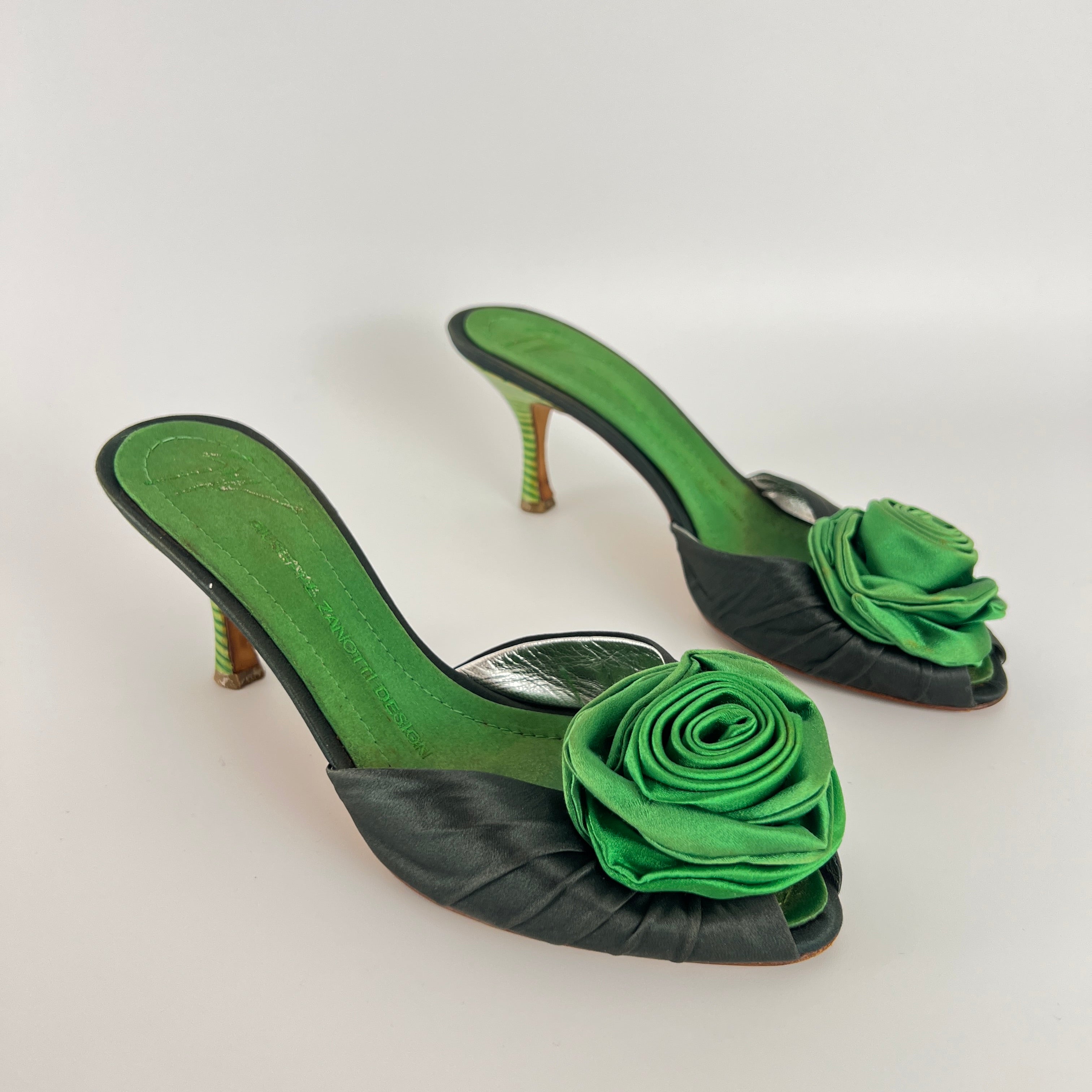 Giuseppe Zanotti | Green Rose Satin Mules Pointed Toe Stiletto Rare (37)