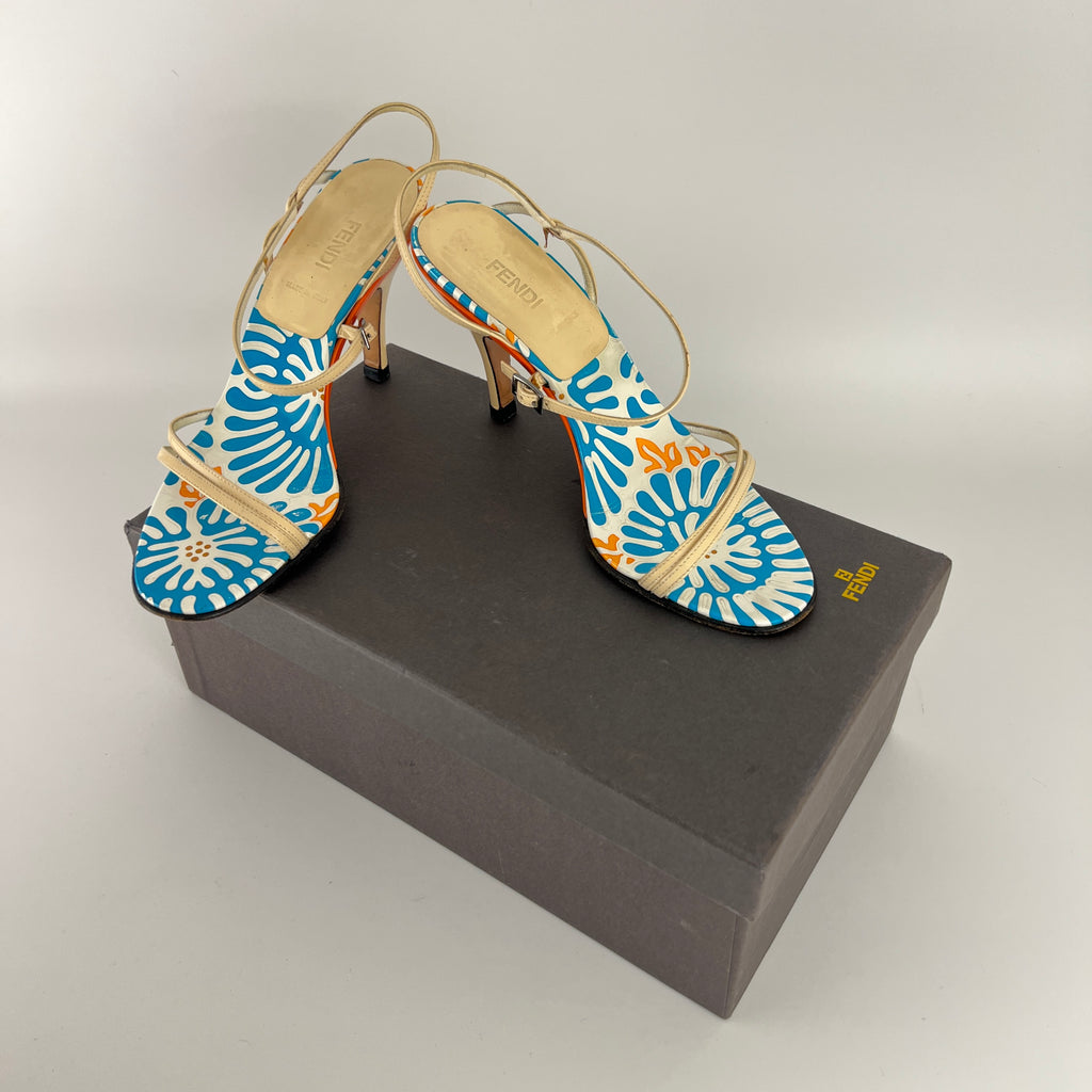 Fendi | Vintage Blue White Orange Pattern Leather Strappy Sandal Heels (37)