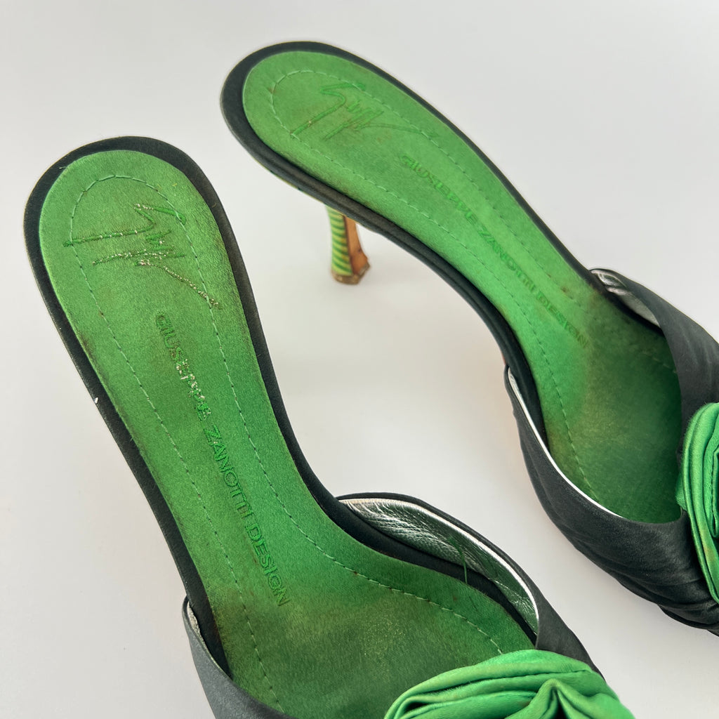 Giuseppe Zanotti | Green Rose Satin Mules Pointed Toe Stiletto Rare (37)
