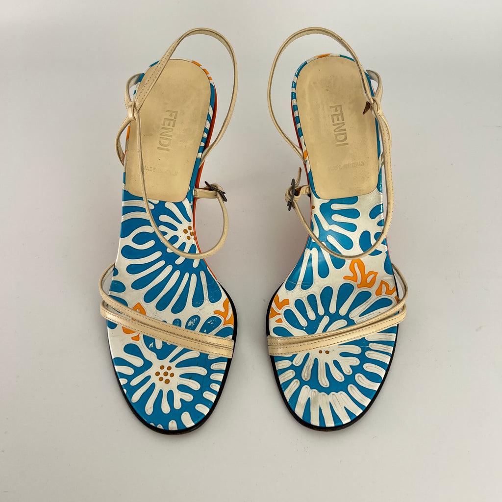Fendi | Vintage Blue White Orange Pattern Leather Strappy Sandal Heels (37)