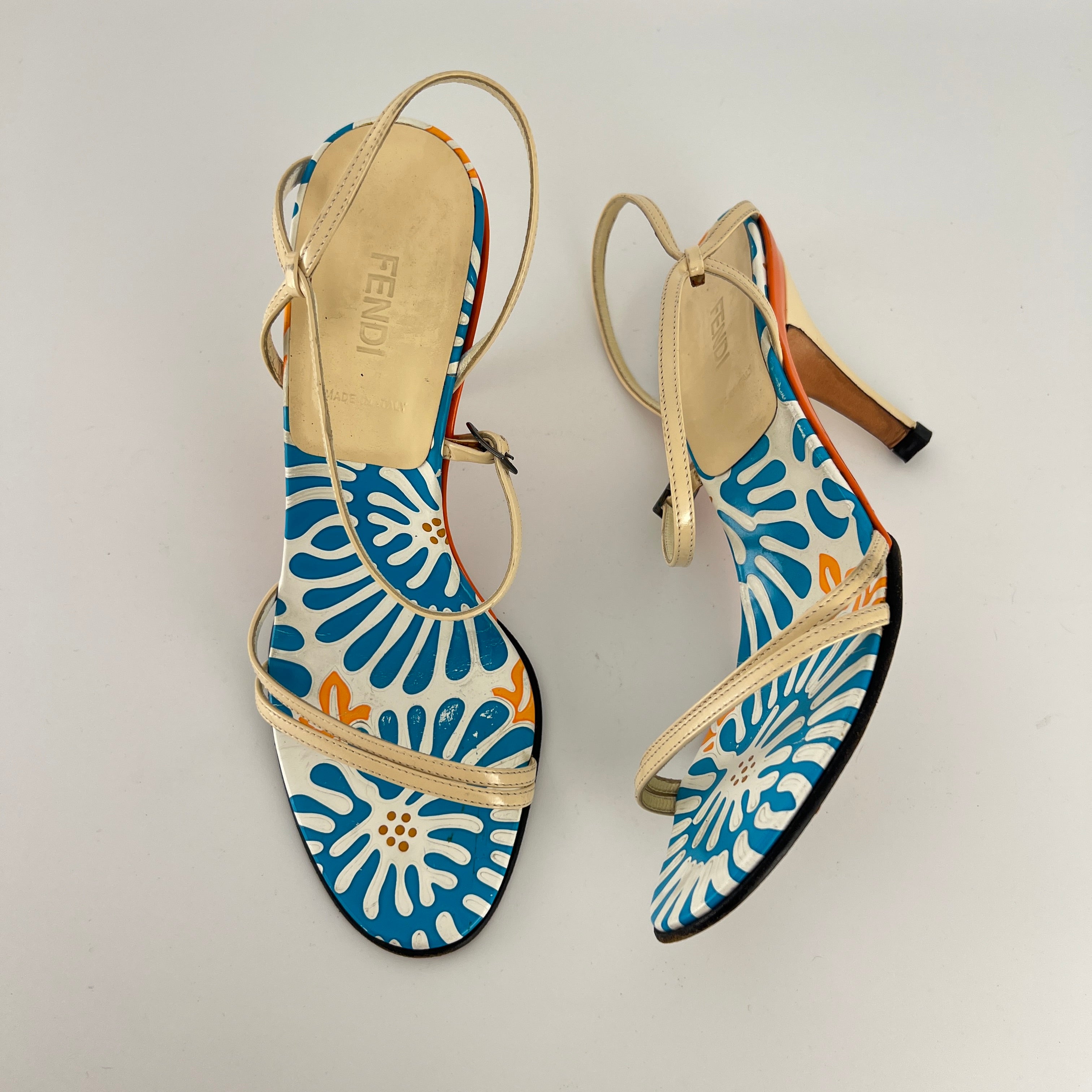 Fendi | Vintage Blue White Orange Pattern Leather Strappy Sandal Heels (37)