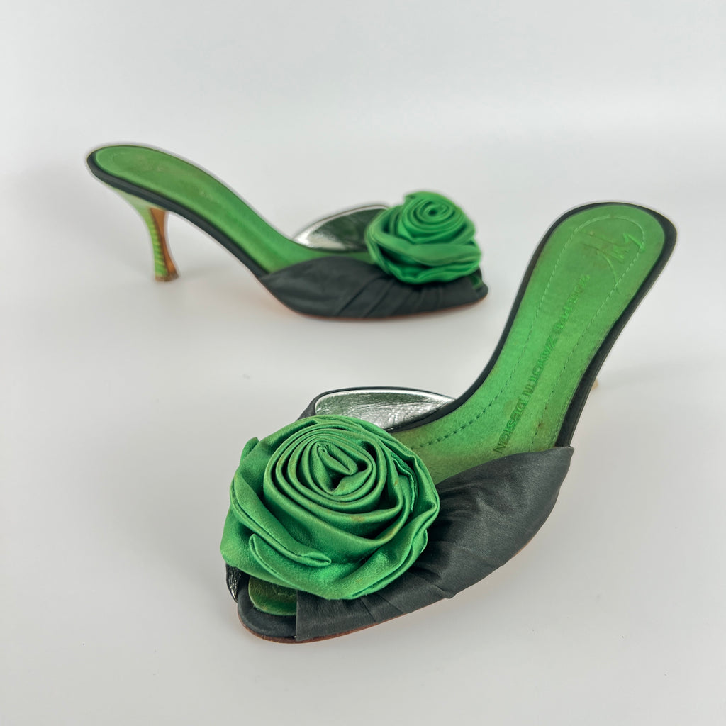Giuseppe Zanotti | Green Rose Satin Mules Pointed Toe Stiletto Rare (37)