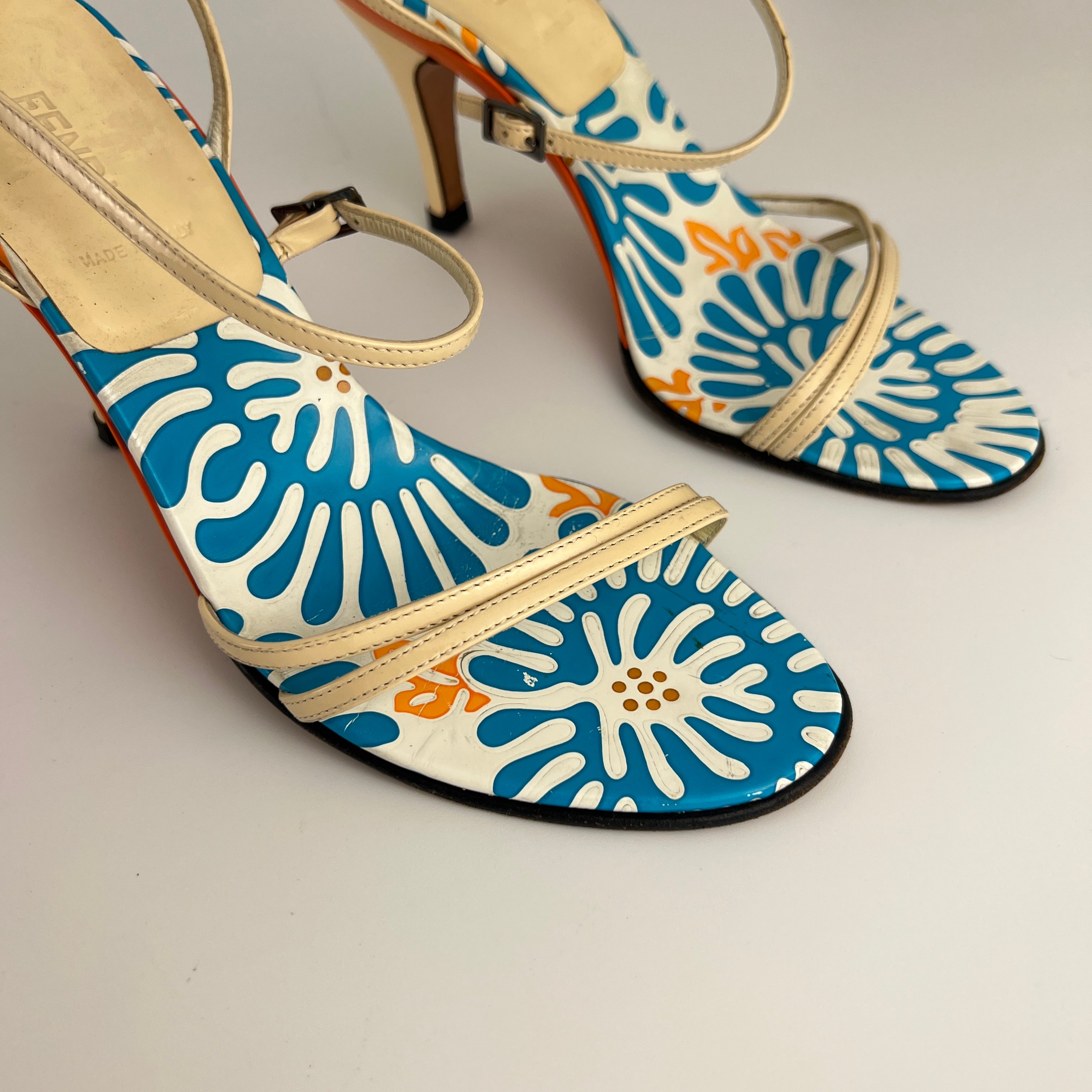Fendi | Vintage Blue White Orange Pattern Leather Strappy Sandal Heels (37)