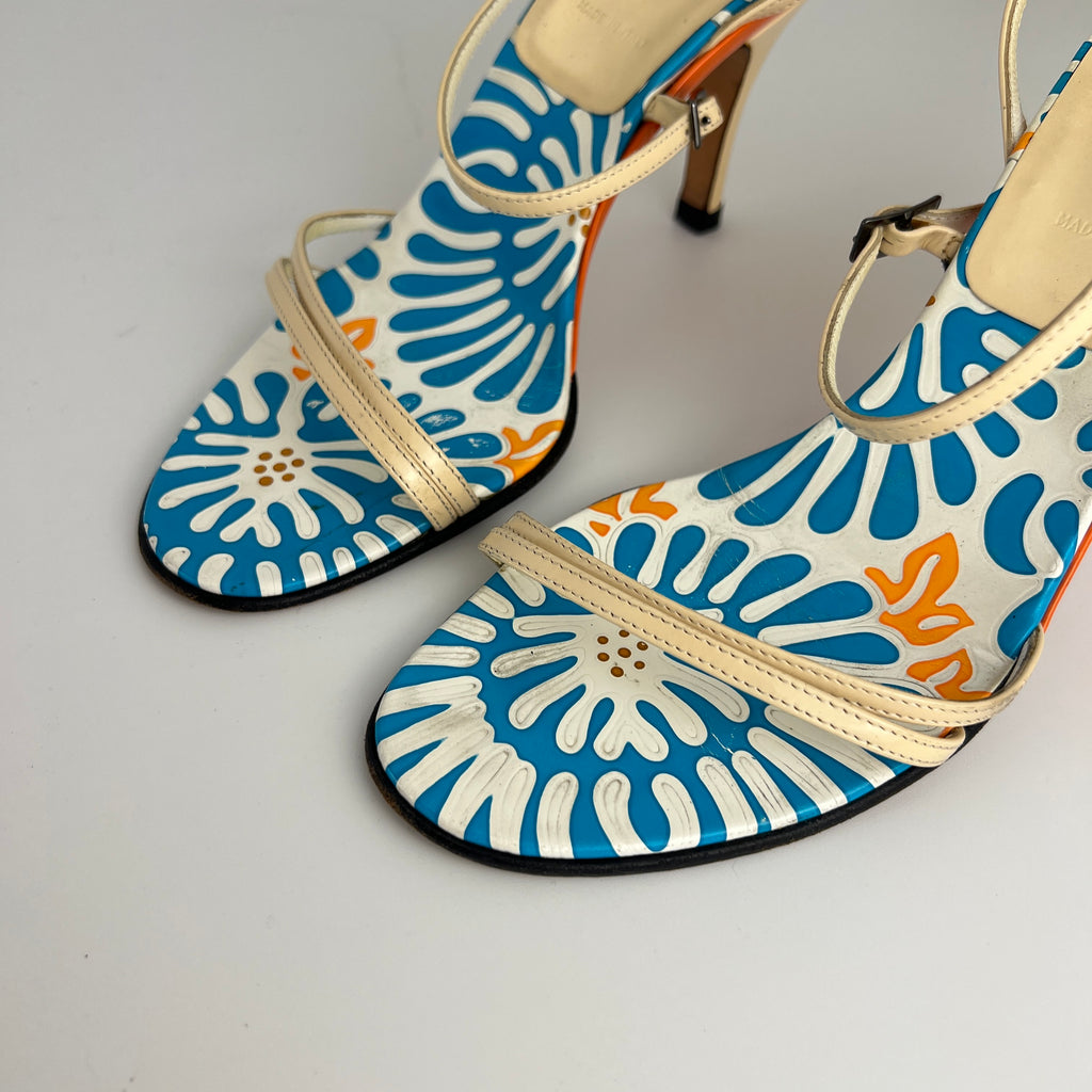 Fendi | Vintage Blue White Orange Pattern Leather Strappy Sandal Heels (37)