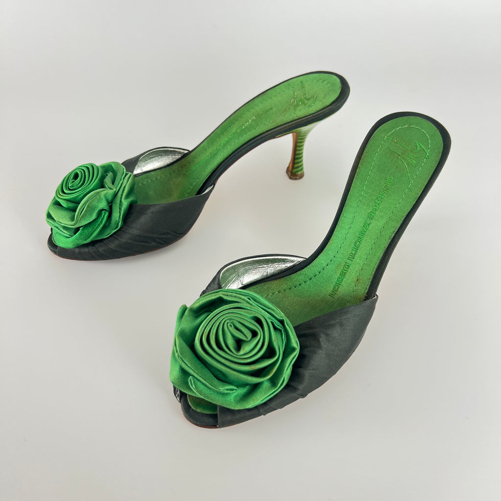 Giuseppe Zanotti | Green Rose Satin Mules Pointed Toe Stiletto Rare (37)