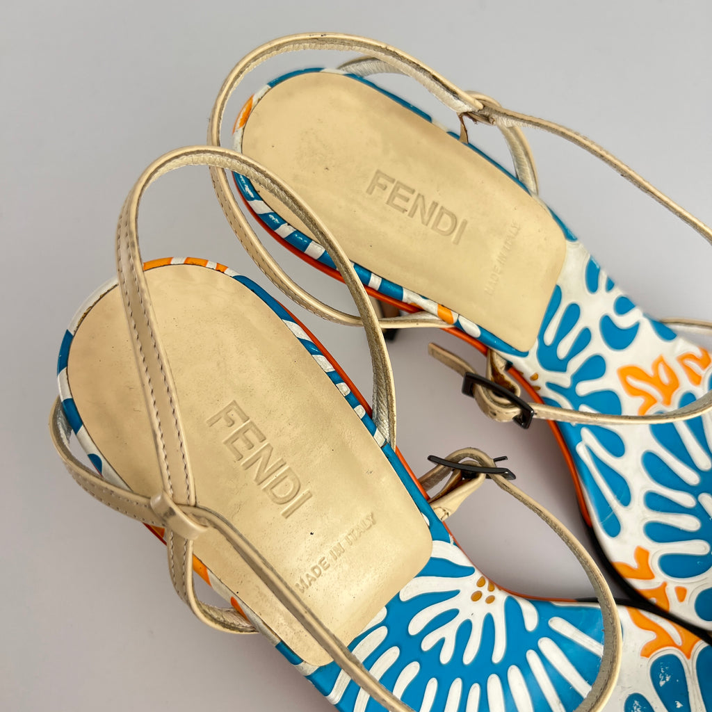 Fendi | Vintage Blue White Orange Pattern Leather Strappy Sandal Heels (37)