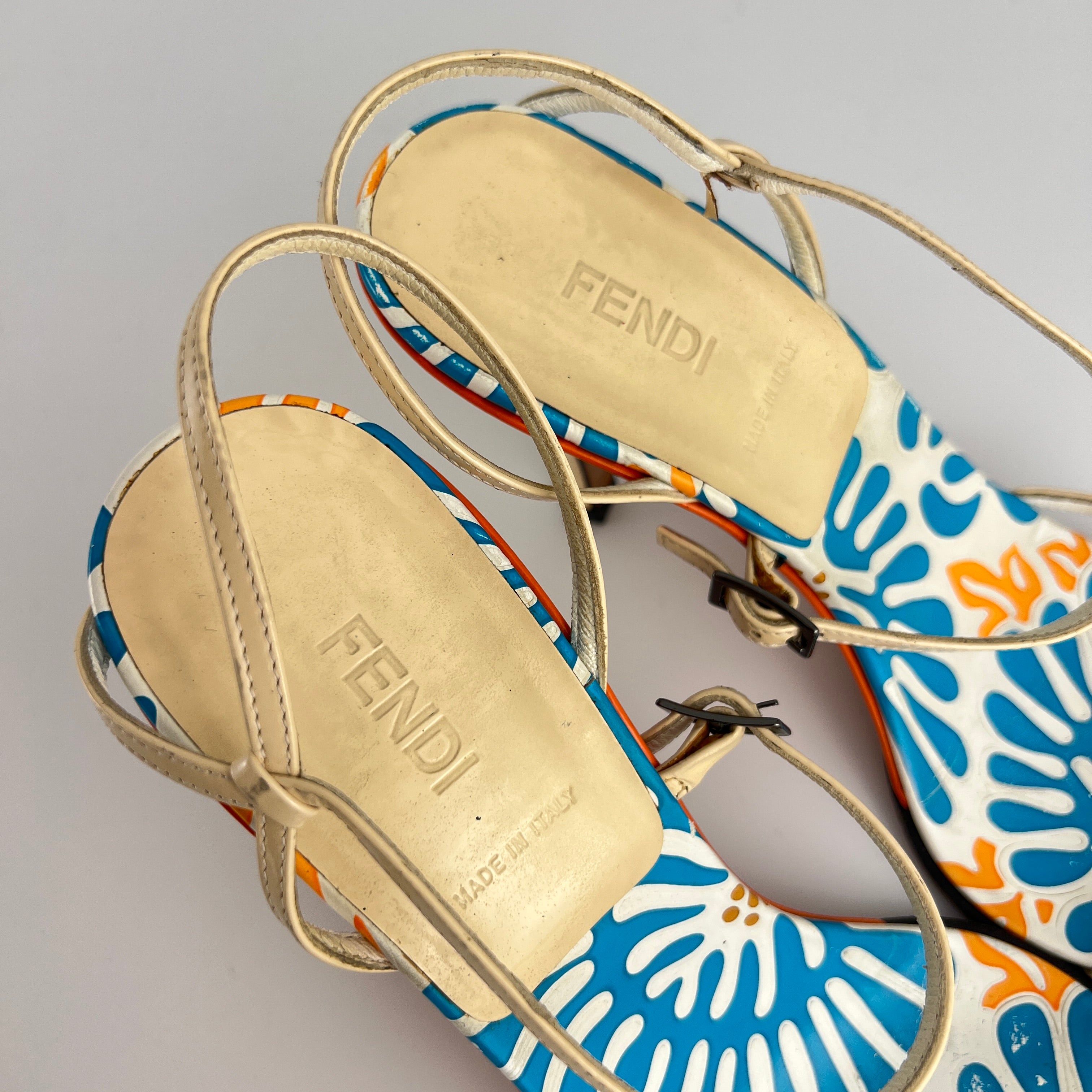 Fendi | Vintage Blue White Orange Pattern Leather Strappy Sandal Heels (37)