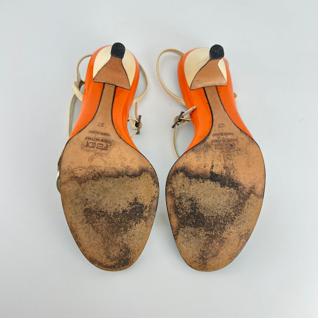 Fendi | Vintage Blue White Orange Pattern Leather Strappy Sandal Heels (37)