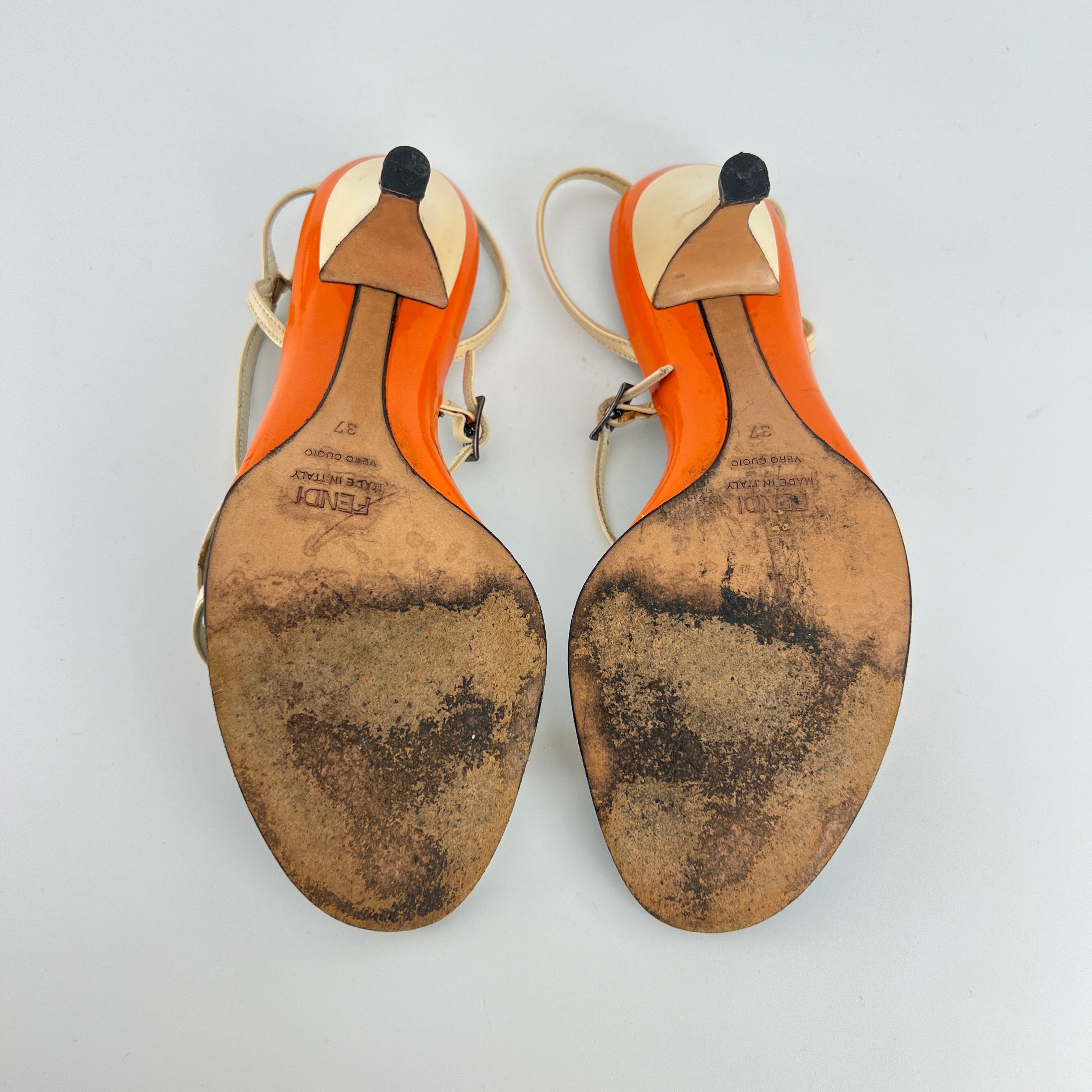 Fendi | Vintage Blue White Orange Pattern Leather Strappy Sandal Heels (37)