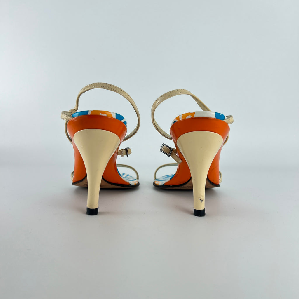 Fendi | Vintage Blue White Orange Pattern Leather Strappy Sandal Heels (37)