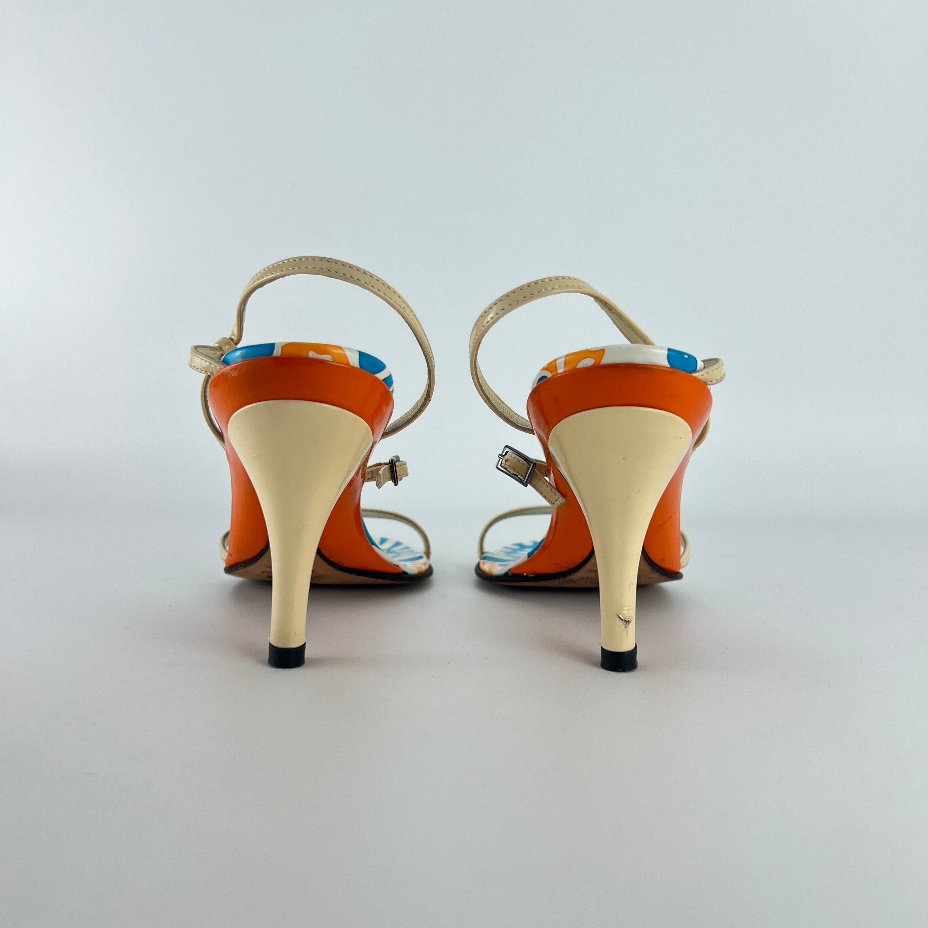 Fendi | Vintage Blue White Orange Pattern Leather Strappy Sandal Heels (37)