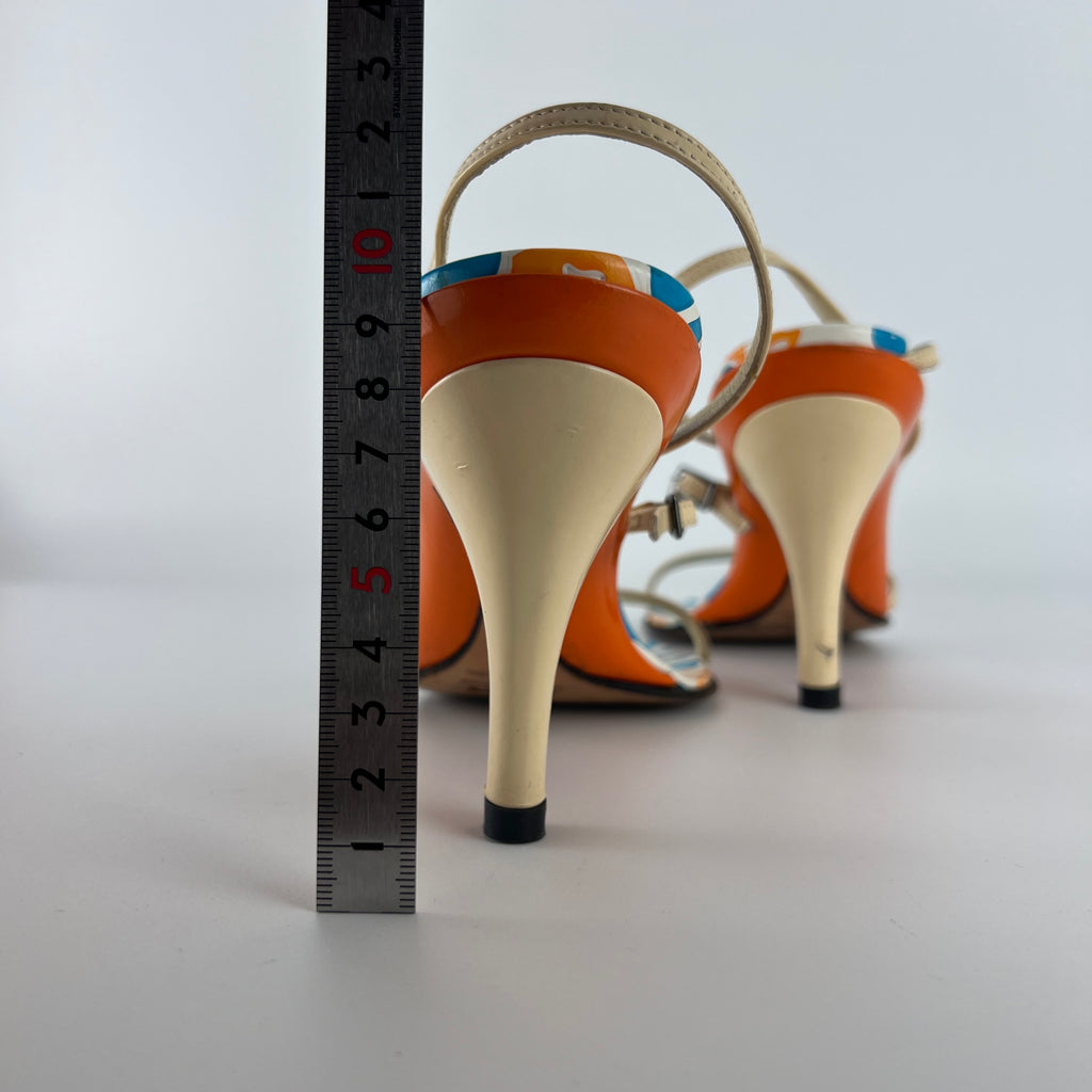 Fendi | Vintage Blue White Orange Pattern Leather Strappy Sandal Heels (37)