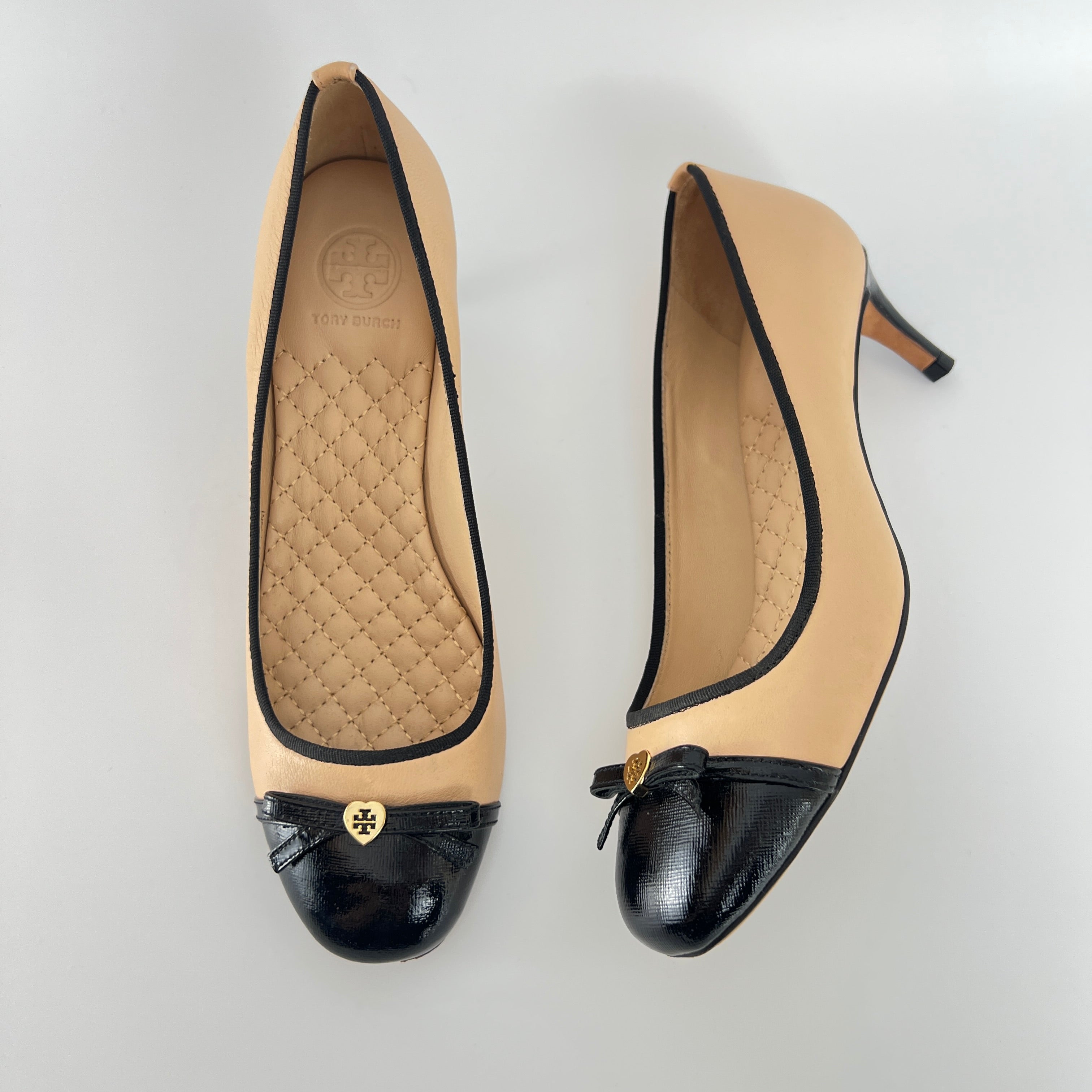 Tory Burch | Nude Leather Bow Black Round Toe Kitten Heel Ballet Pumps (7.5)
