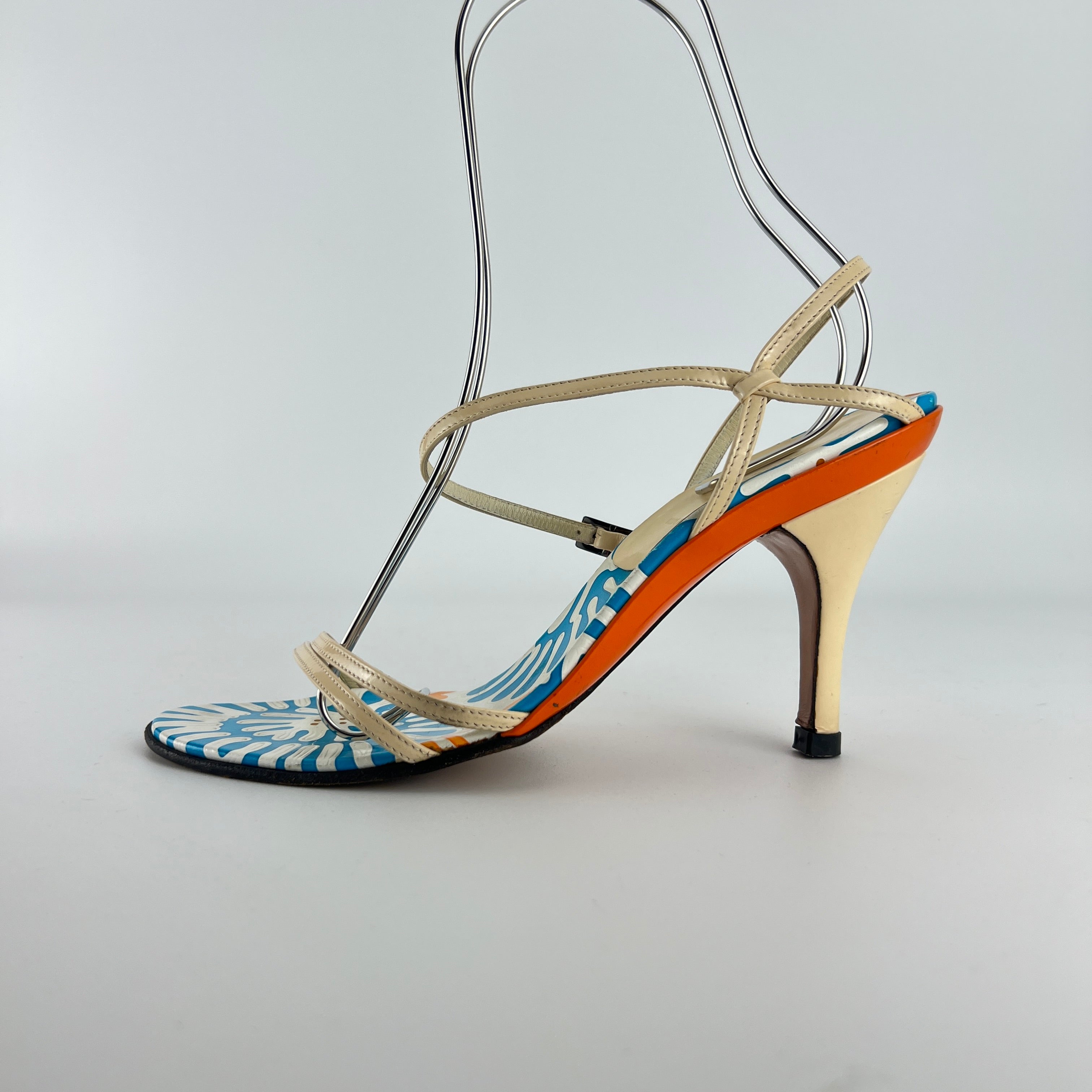 Fendi | Vintage Blue White Orange Pattern Leather Strappy Sandal Heels (37)