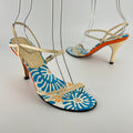 Fendi | Vintage Blue White Orange Pattern Leather Strappy Sandal Heels (37)