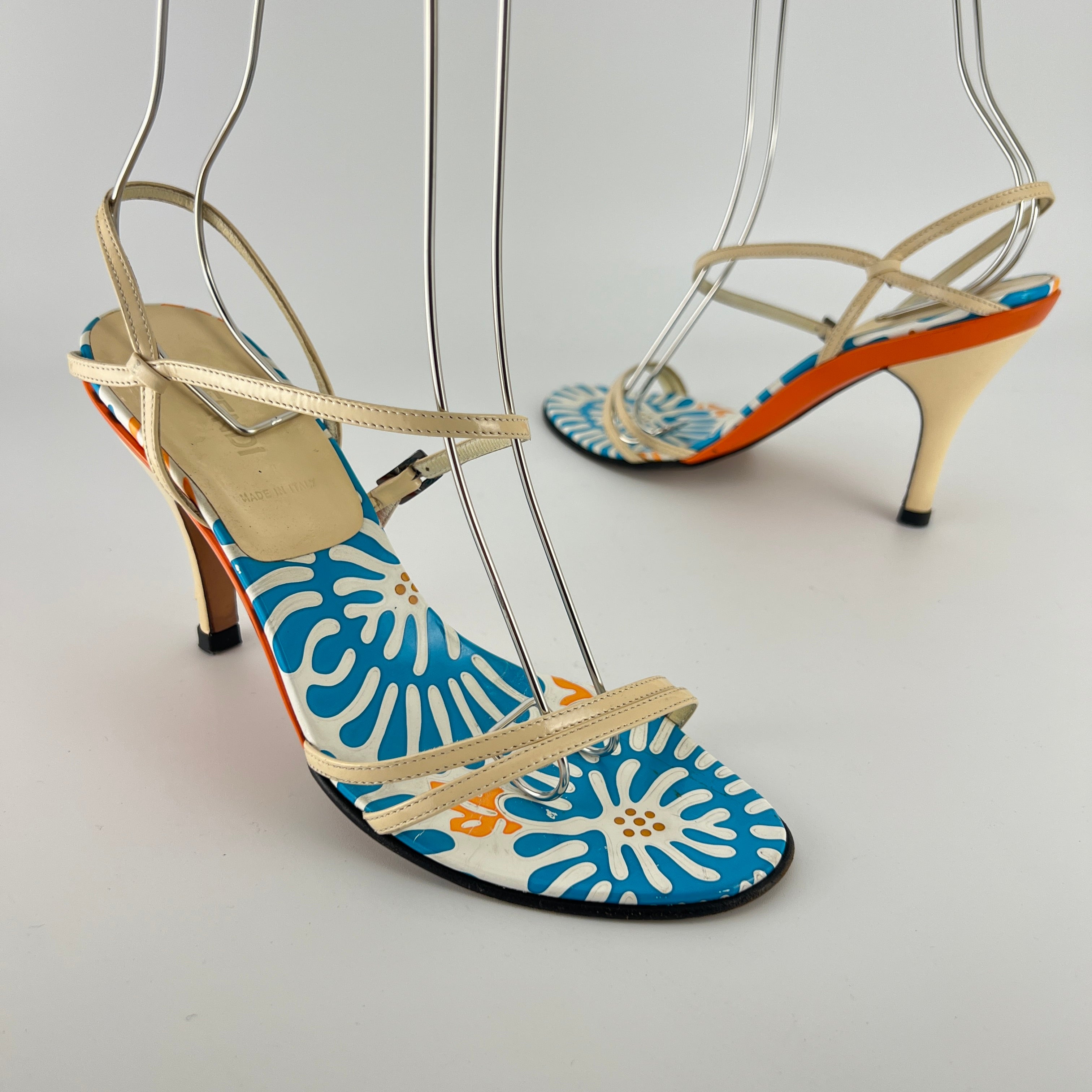Fendi | Vintage Blue White Orange Pattern Leather Strappy Sandal Heels (37)