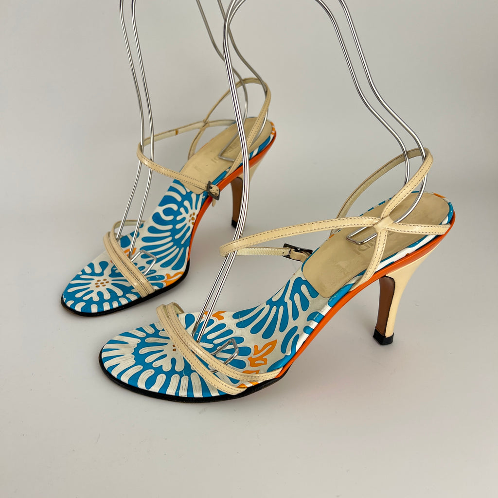 Fendi | Vintage Blue White Orange Pattern Leather Strappy Sandal Heels (37)