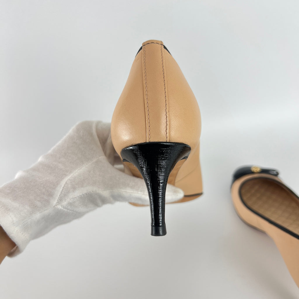Tory Burch | Nude Leather Bow Black Round Toe Kitten Heel Ballet Pumps (7.5)