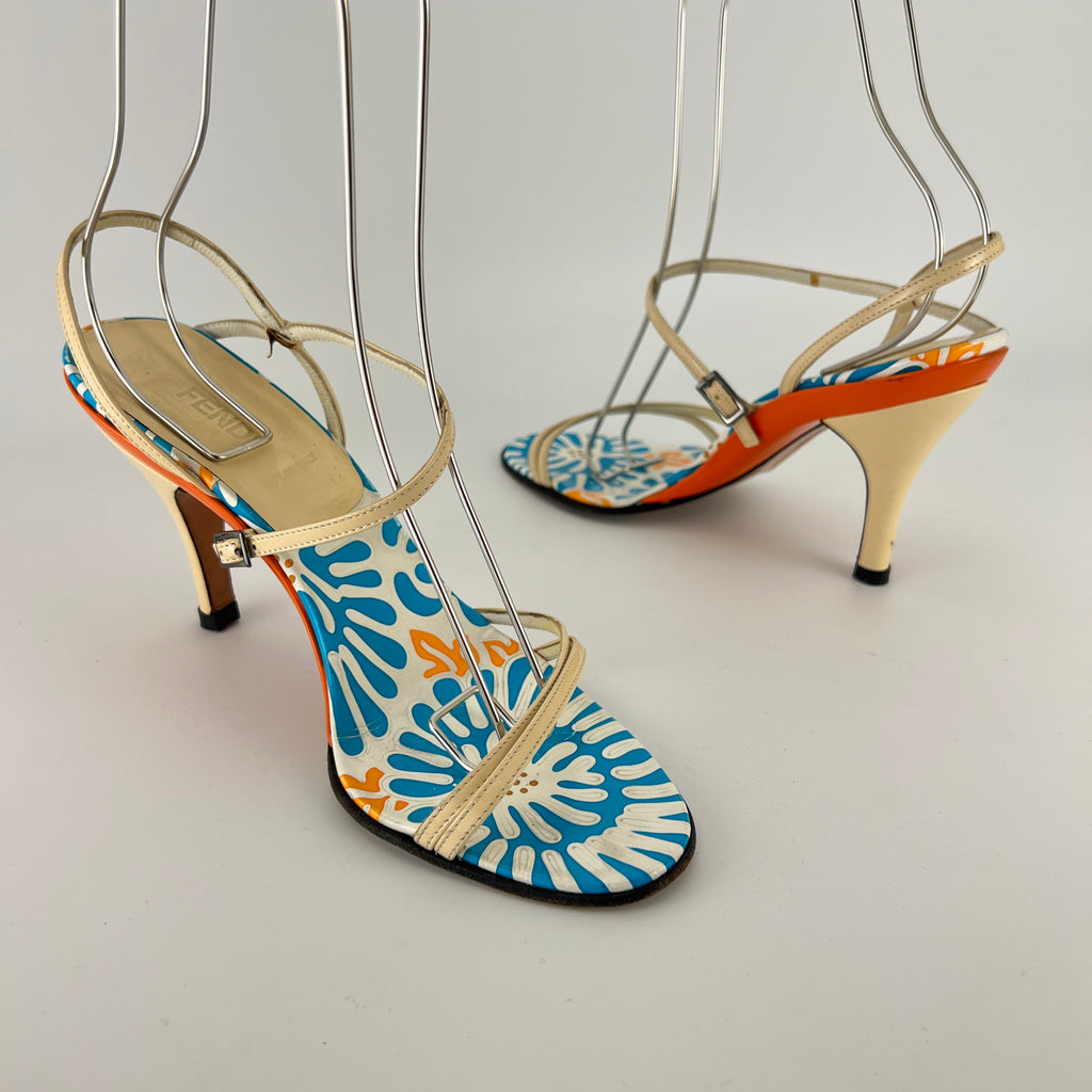 Fendi | Vintage Blue White Orange Pattern Leather Strappy Sandal Heels (37)