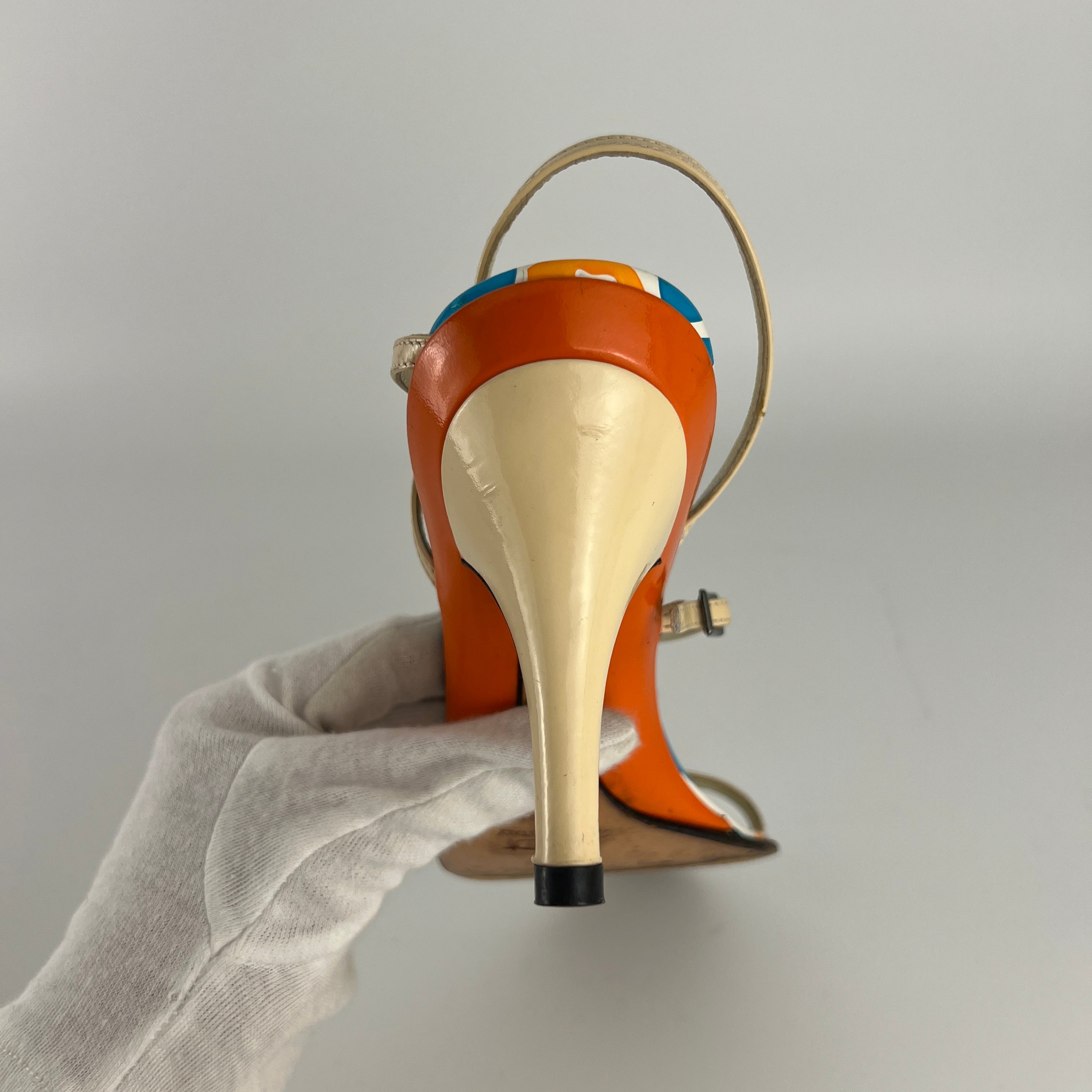 Fendi | Vintage Blue White Orange Pattern Leather Strappy Sandal Heels (37)