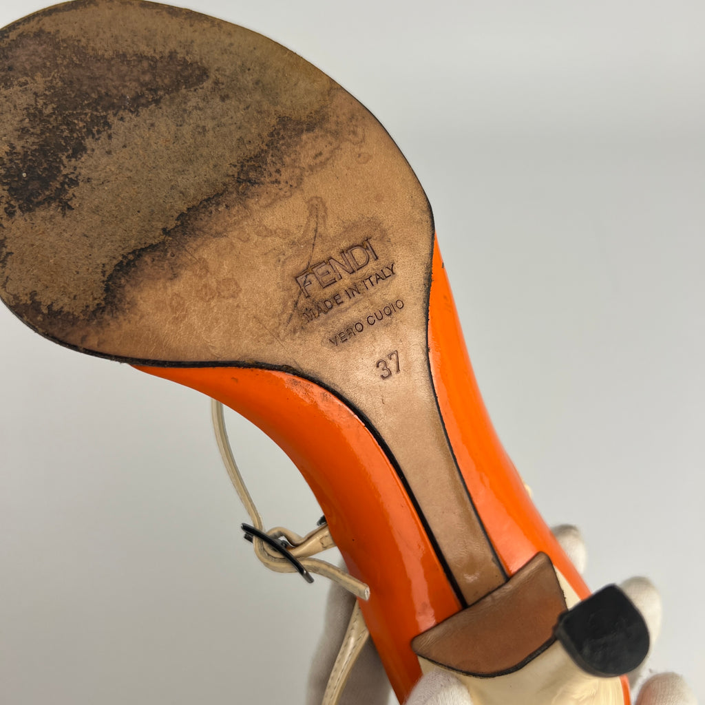 Fendi | Vintage Blue White Orange Pattern Leather Strappy Sandal Heels (37)