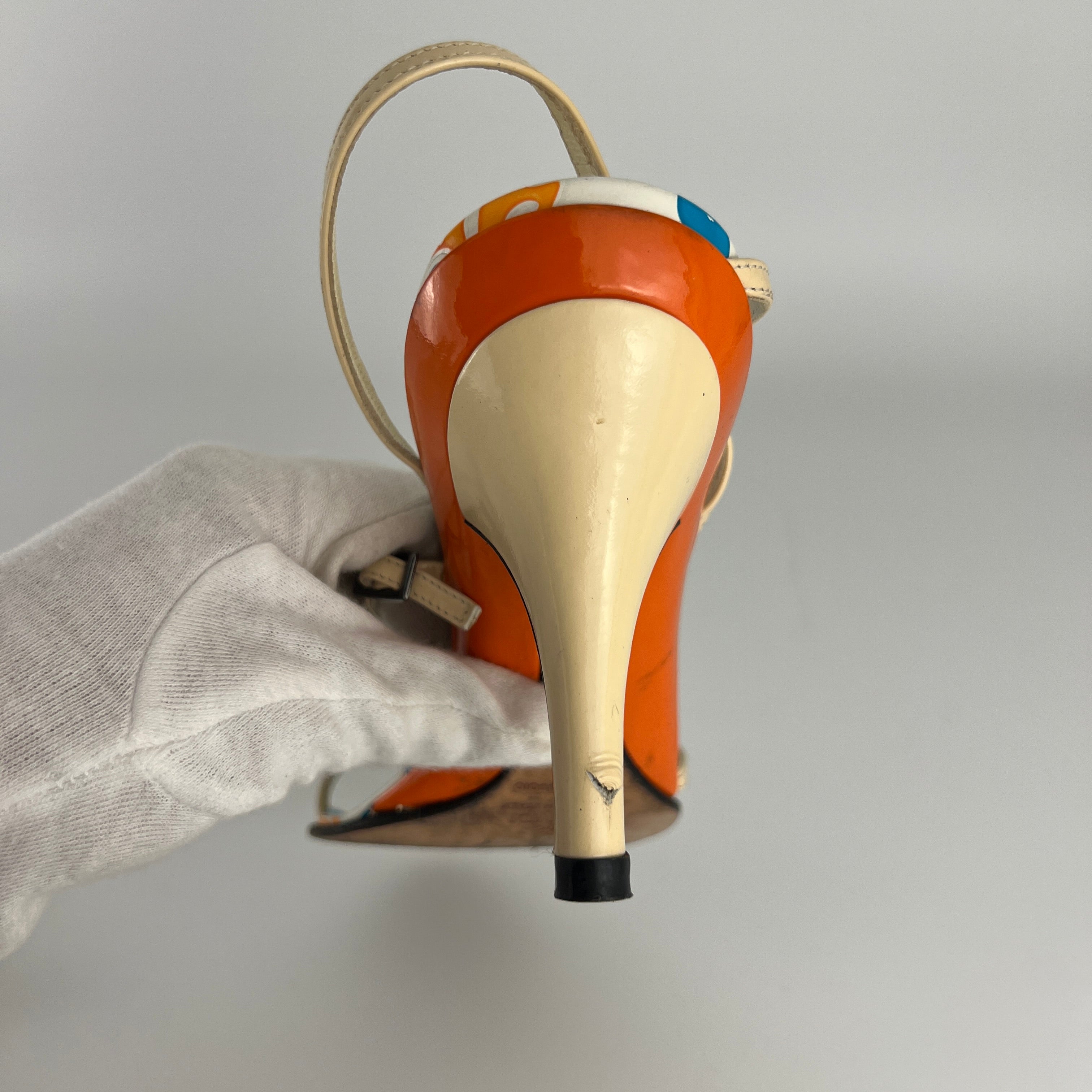 Fendi | Vintage Blue White Orange Pattern Leather Strappy Sandal Heels (37)