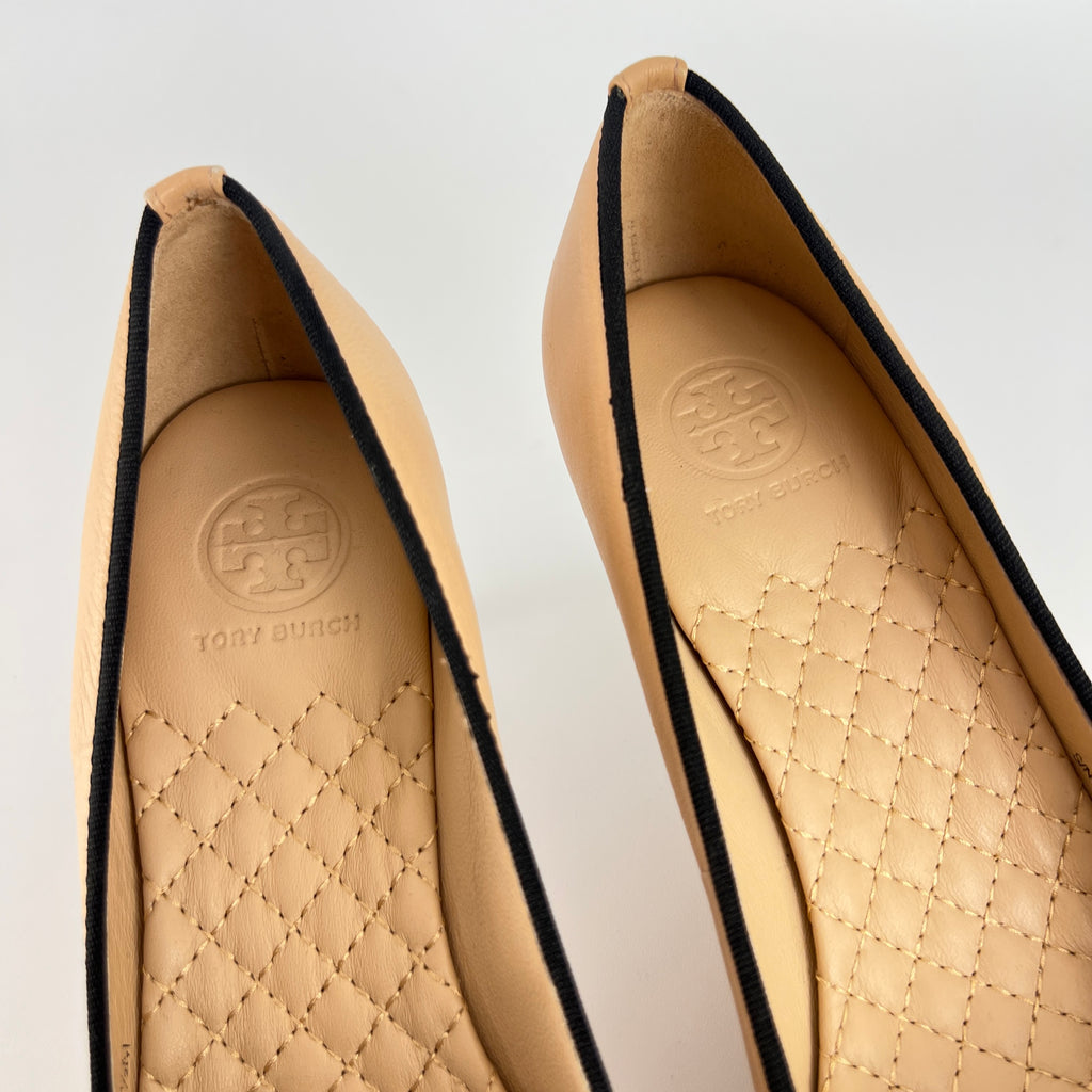 Tory Burch | Nude Leather Bow Black Round Toe Kitten Heel Ballet Pumps (7.5)