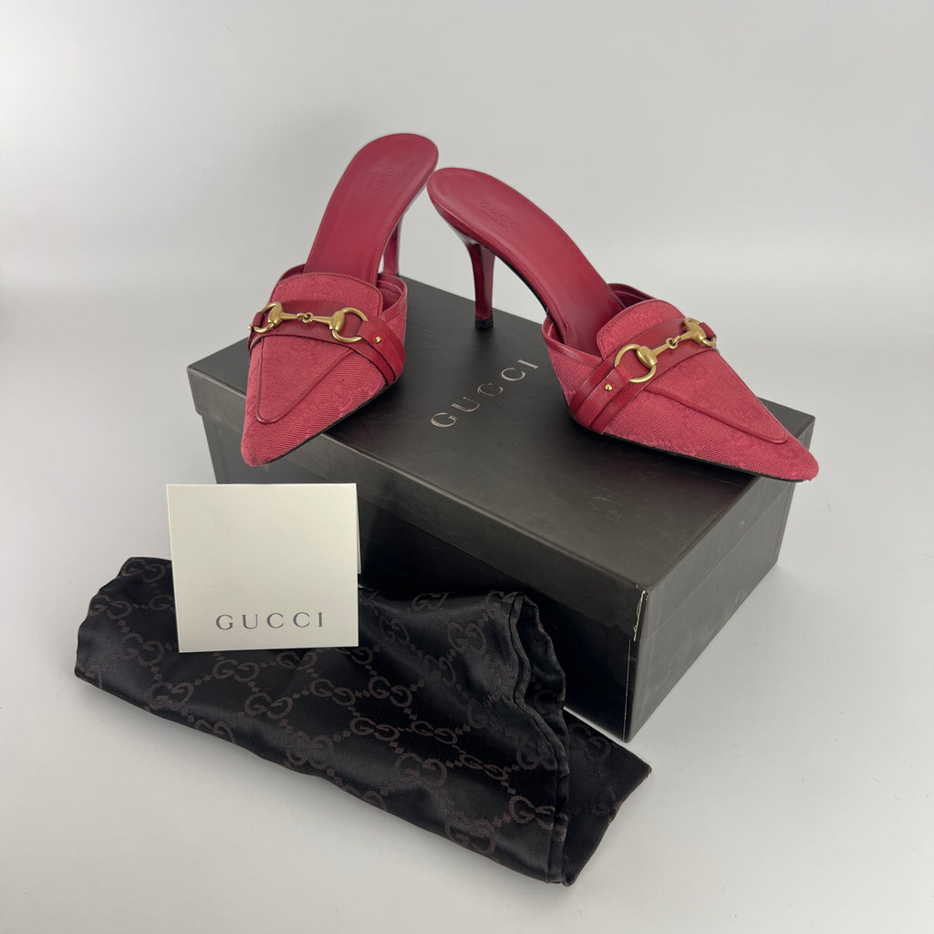 Gucci | Tom Ford Era Horse Bit Red GG Monogram Canvas Pointed Toe Mules (36)