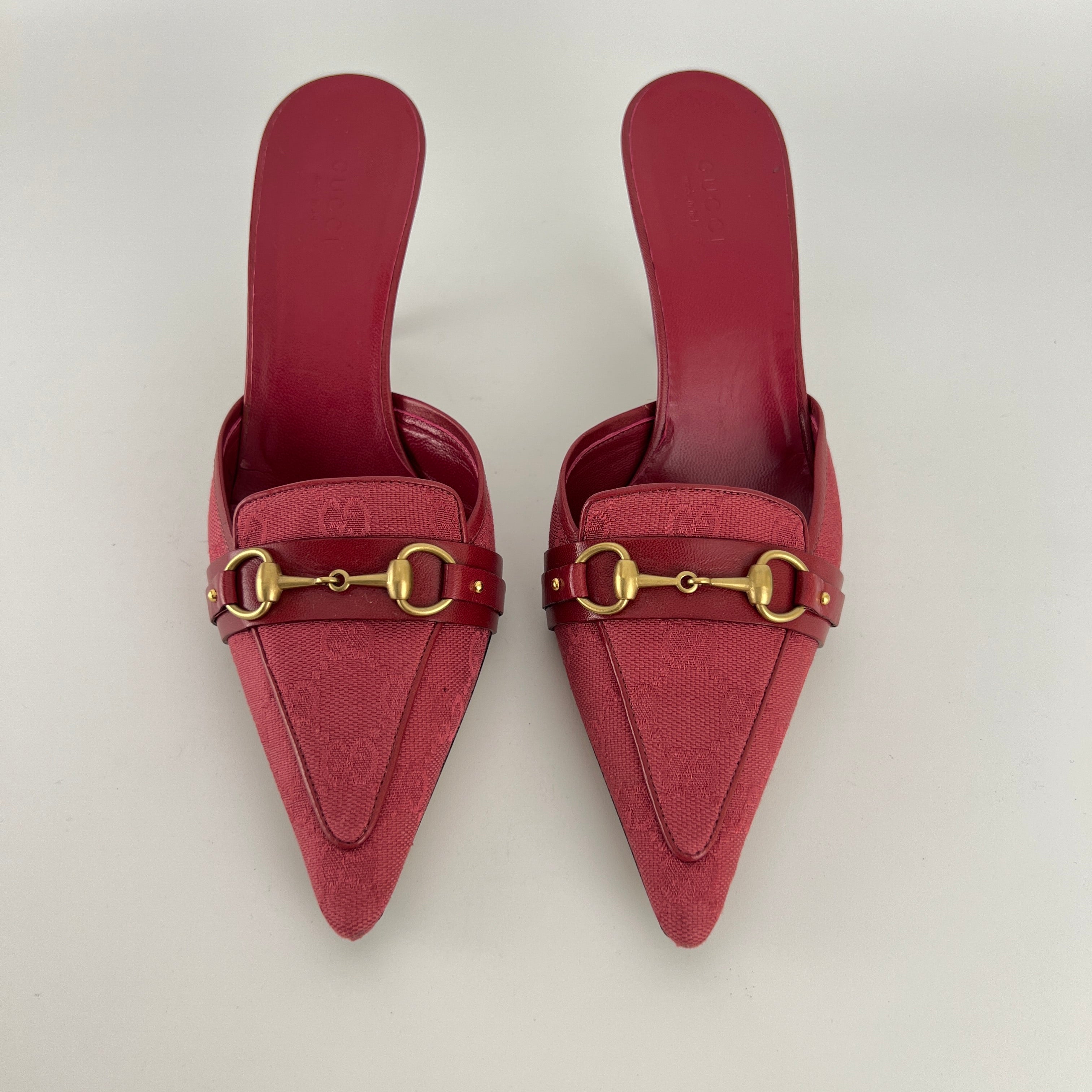 Gucci | Tom Ford Era Horse Bit Red GG Monogram Canvas Pointed Toe Mules (36)