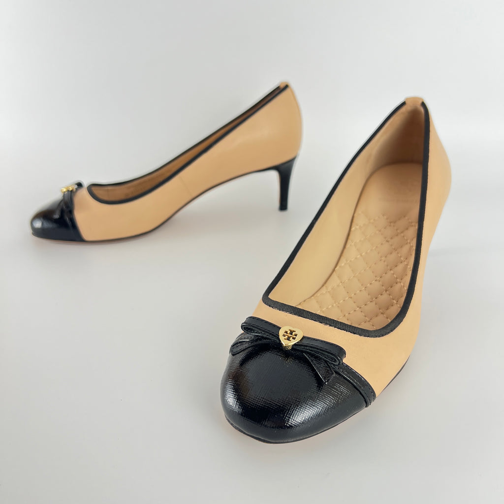 Tory Burch | Nude Leather Bow Black Round Toe Kitten Heel Ballet Pumps (7.5)