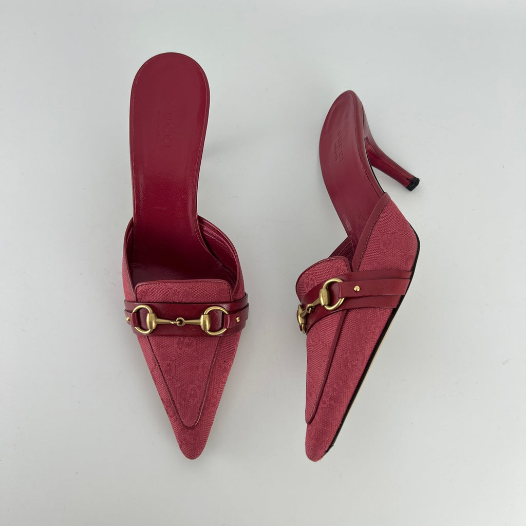 Gucci | Tom Ford Era Horse Bit Red GG Monogram Canvas Pointed Toe Mules (36)