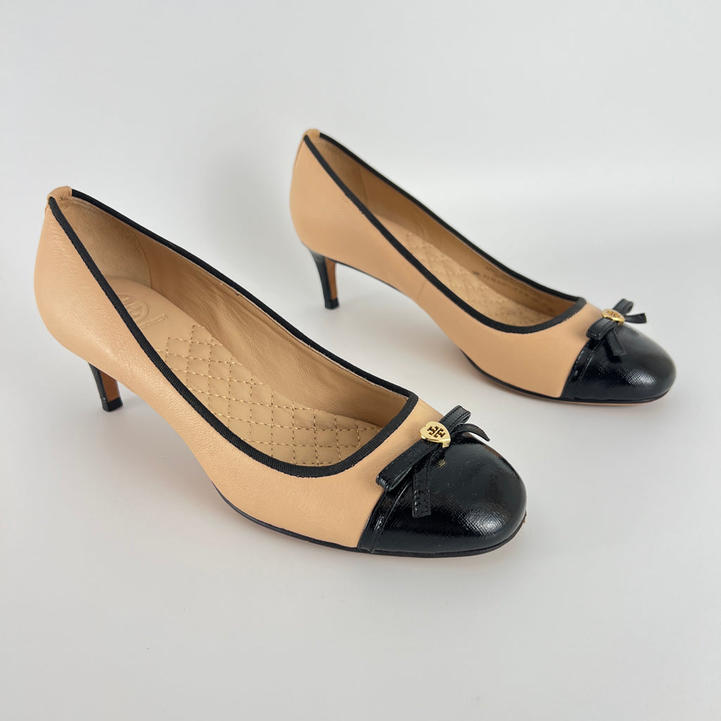 Tory Burch | Nude Leather Bow Black Round Toe Kitten Heel Ballet Pumps (7.5)