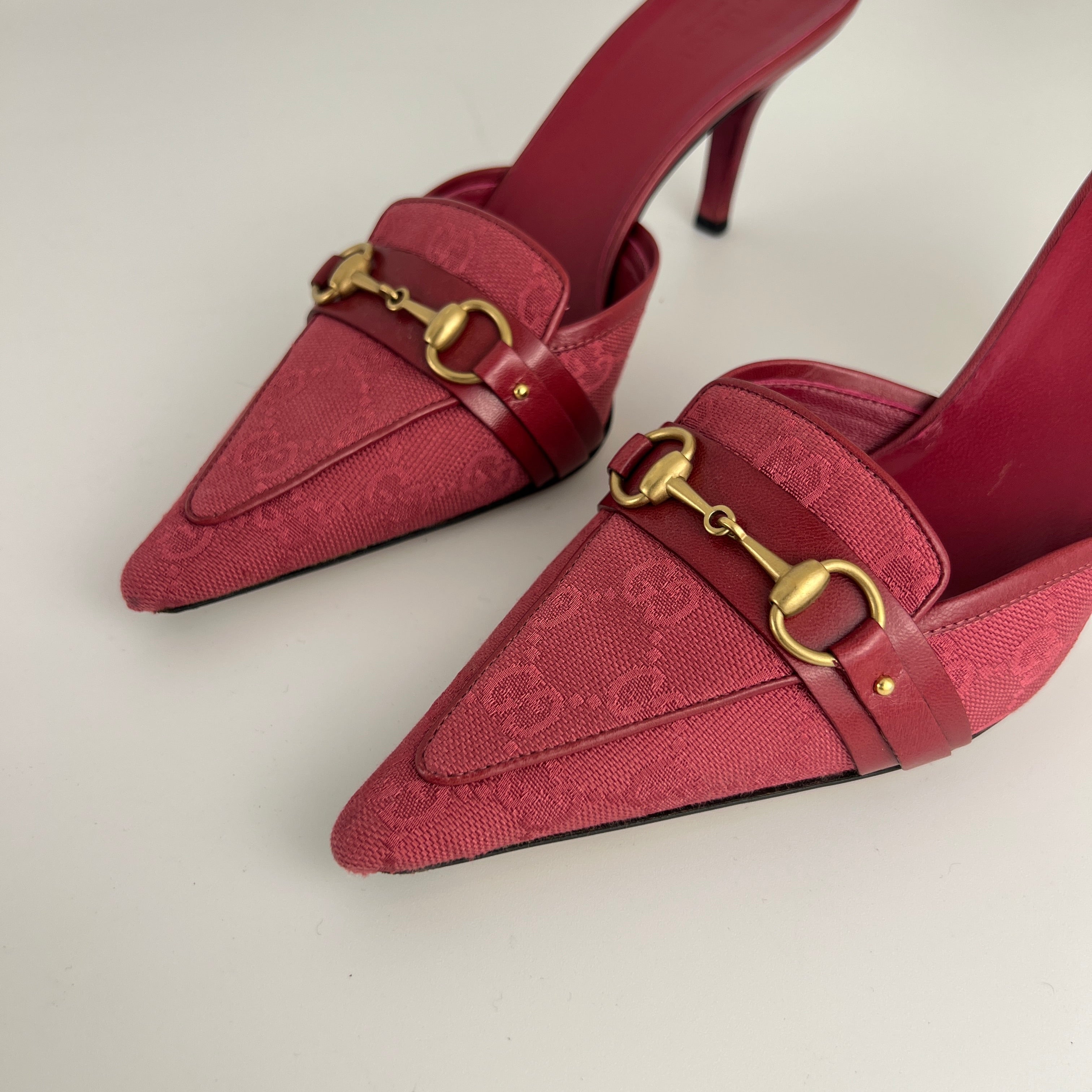 Gucci | Tom Ford Era Horse Bit Red GG Monogram Canvas Pointed Toe Mules (36)